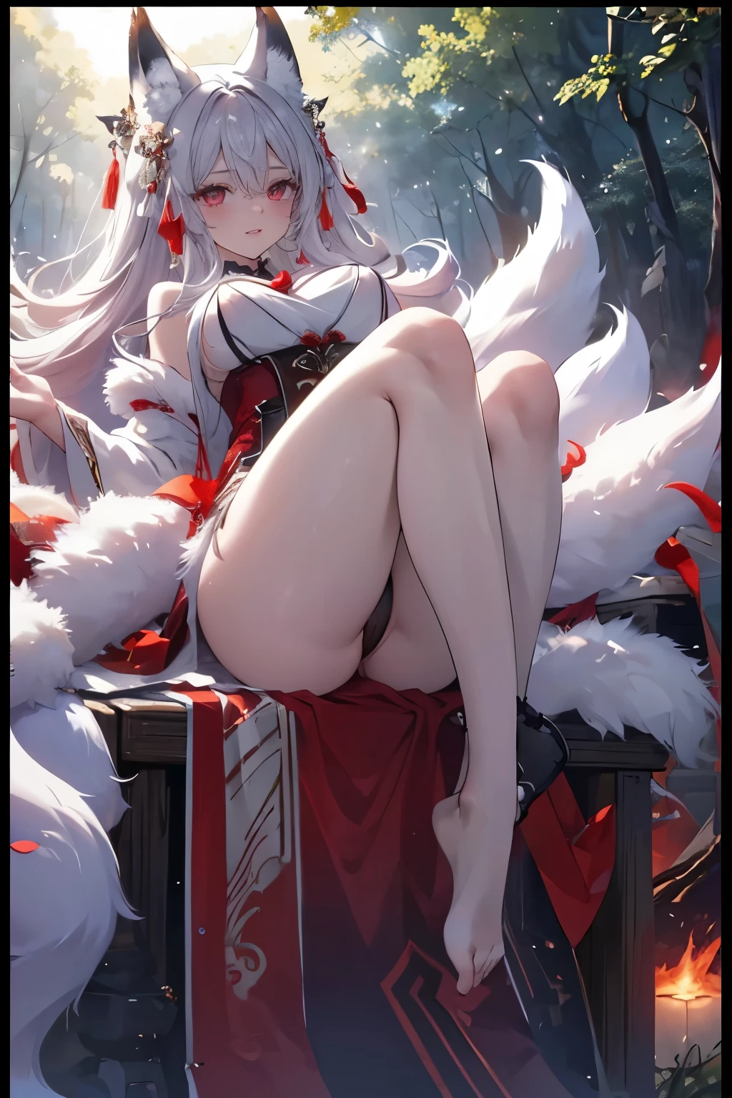 Awesome, high, erotic, fox girl, fox ears, cute legs, open chests, lewd face, cute eyes, forest, background, red eyes, extremely detailed 8K wallpaper),(ultra-detailed),(best quality),(masterpiece),(highly detailed),(cinematic lighting), full body, detailed drawing by Pu Hua, look at you from high, leg on you