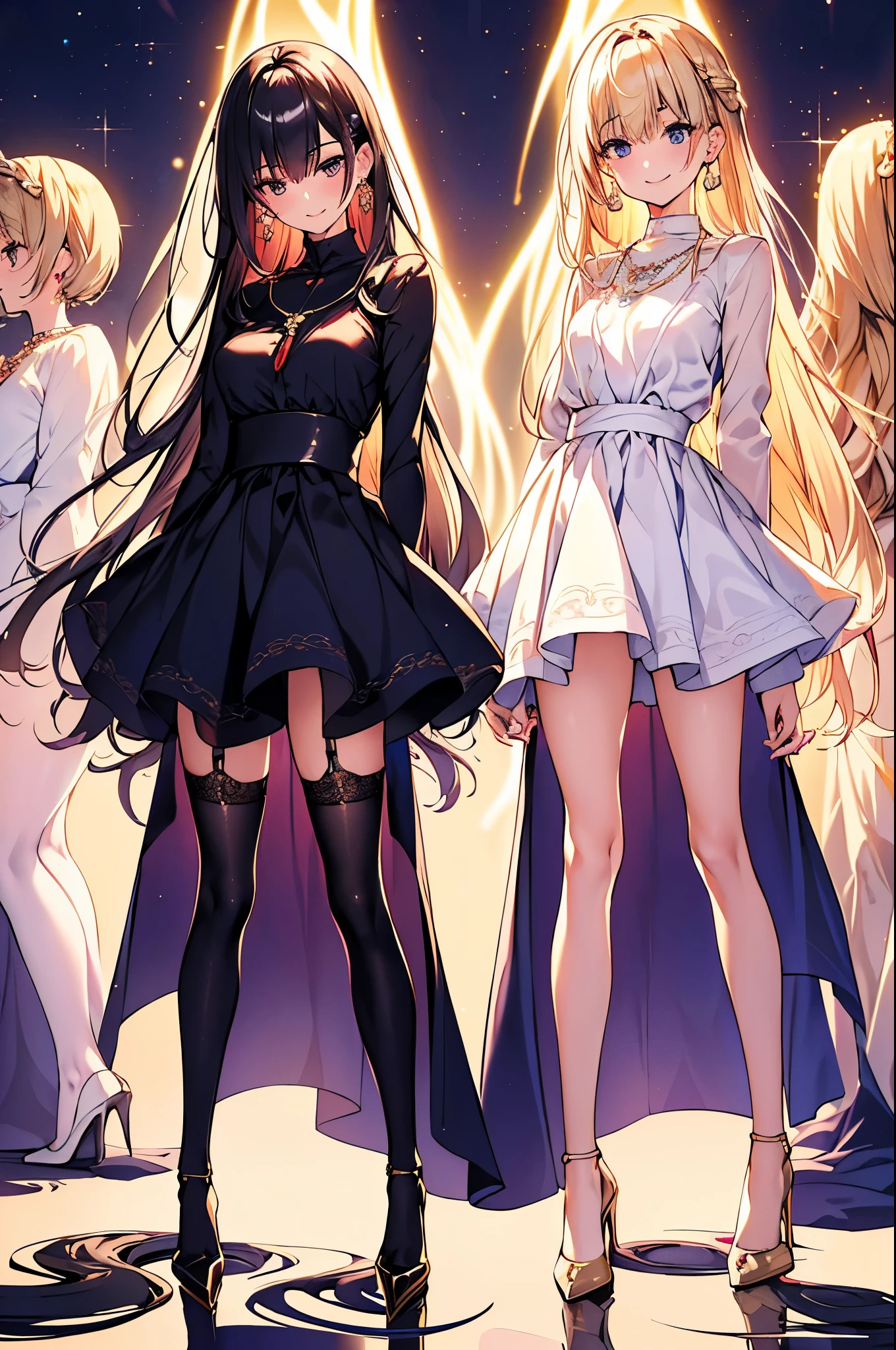 ((Biologically correct number of limbs))、(( Full body photo including face))、4K、masterpiece、((focus on the face))、((Symmetrical facial features))、Eyes with detailed description、Beautiful woman、outstanding style、beautiful arms、beautiful legs、beautiful hands、(slender)、Detailed depiction of faces、small earrings、necklace、(shiny uniform、shiny skirt、high heels、stockings)smile、(beautiful legsのアップ)、