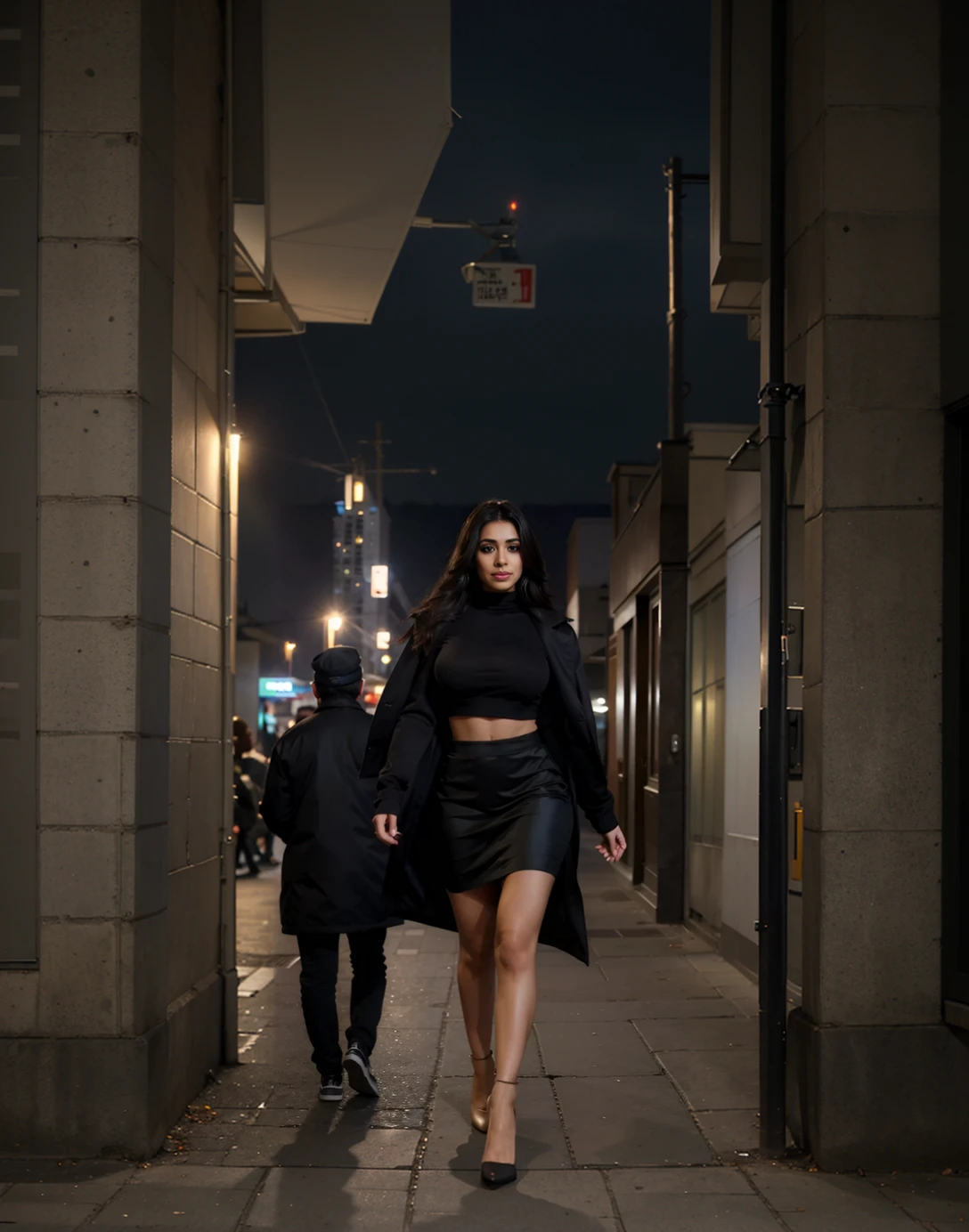 femme en tenue noire marchant sur le trottoir la nuit avec un homme en arrière-plan, dans la rue, dans la rue, dans la rues, dans la ville, dans une rue, photographie d'une femme techwear, porter des vêtements moulants noirs, dans la rue de la ville, Dans la rue, dans une rue at night, porter un haut court sexy, fille élégante en tenue urbaine