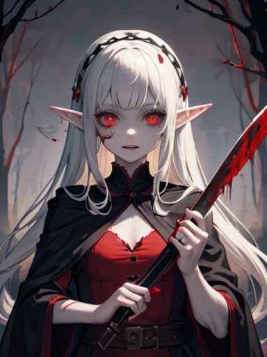 An little Elf girl with Morbid pale skin, Dark-elf, Bloody face, Bloody hands, Bloody black robe, Eerily glowing red eyes, Insanity smile, She is holding a blood-dripping knife, Dark atmosphere, Insanity atmosphere, She is taking pleasure to kill human