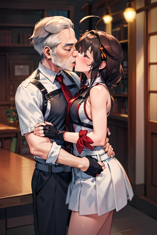 ((1 girl and 1 old man:hug each other:1.8)),(kiss:1.6),absurd solution,  (cum overflow) ,((KanColle)), (Ahegao, blush, Sweat, open your mouth, roll your eyes, tears, stick out tongue,)(parted lips),(closed my eyes),(feeling weak),(table top, highest quality:1.2), best quality, (8k, best quality, masterpiece, ultra high res, , Super Detail), Ultra Detailed, Detailed Skin, (an extremely delicate and beautiful), BREKA,1 japanese beautiful airl, ShigureKaiSanKC, (sleeveless) shirt, (black and white) two-tone shirt, (black) pleated skirt, (black) thigh highs, (red) necktie, (white) belt, (black) fingerless gloves, (red) hand ribbon, hair over shoulder, hair ornament, hair between eyes, blue eyes,hair bow, long belt, BREAK perfect hands, detailed hands, best hands.