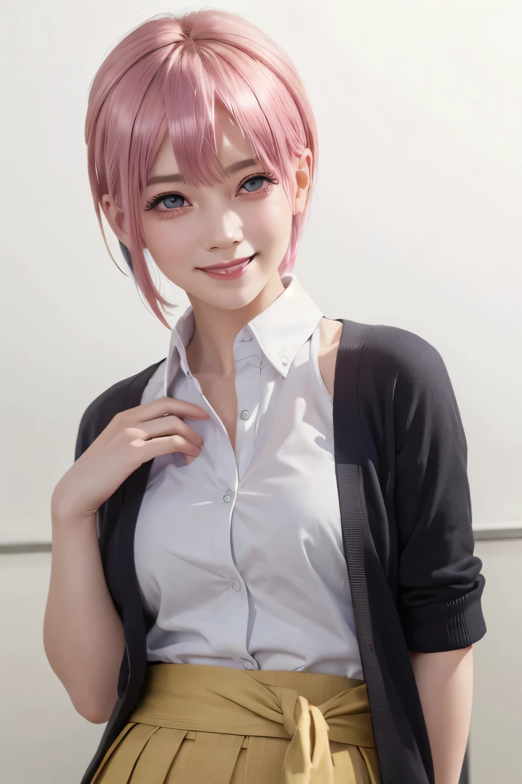 (masterpiece:1.3), (8K, realistic, Raw photo, highest quality: 1.4), (1 girl), beautiful face, (realistic face), (pink hair, short hair:1.3), beautiful hairstyle, realistic eyes, detailed and beautiful eyes, (realistic skin), beautiful skin, , disorganized, Charm, ultra high resolution, surreal, very detailed, golden ratio,RAW shooting:1.2)、(realistic:1.4)、(masterpiece:1.3)、(highest quality:1.4)、beautiful white people、7 head and body、Beautiful in every detail目、eyelash、beautiful double eyelids、alone、cute、(cute:1.2)、beautiful woman、icika nakano、The Quintessential Quintuplets、８K、Beautiful in every detail、detailed hair、ultra high resolution, surreal、(shy smile:1.4)、detailed eyes、detailed face、pink hair、shortcut、high ,Always detailed face and skin, detailed eye, 非Always detailed face and skin、short hair、Asymmetrical short hair、White shirt with collar、green skirt、Pleated Skirt、A yellow cardigan tied around her waist、School、mini skirt