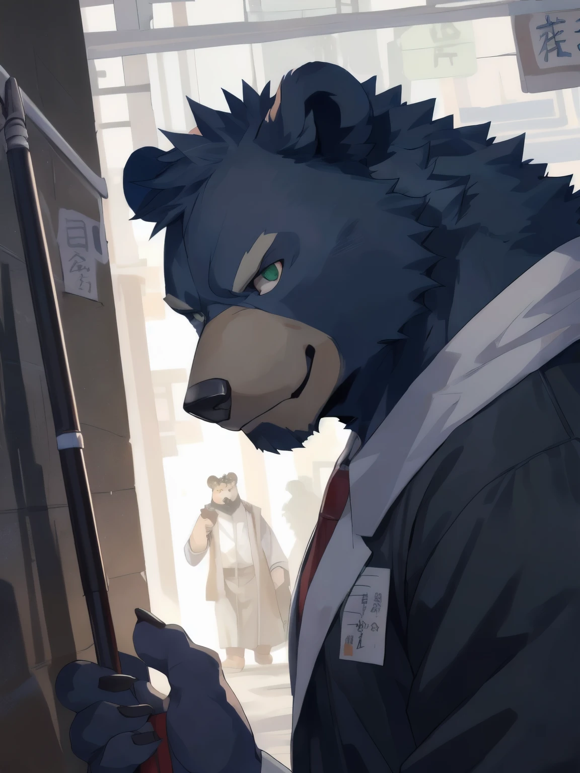 deobaed anatomy, Humanity,((Dark blue bear| Dark blue color | Red-green eyes)),(close-up),jitome,(There is a scar on the right eye),完美of红眼睛,glaring,中年of,male,of,In the black market,night,(holding crutches in hand),Kanno,危险of微笑,(Fat and muscular),胖of,身材健硕of,((No ornaments,解开扣子of西装)),(super detailed),锐利of焦点,A scoundrel,smirk,tailed eyes,bear tail ,best quality,by bebebebebe, by zackary911