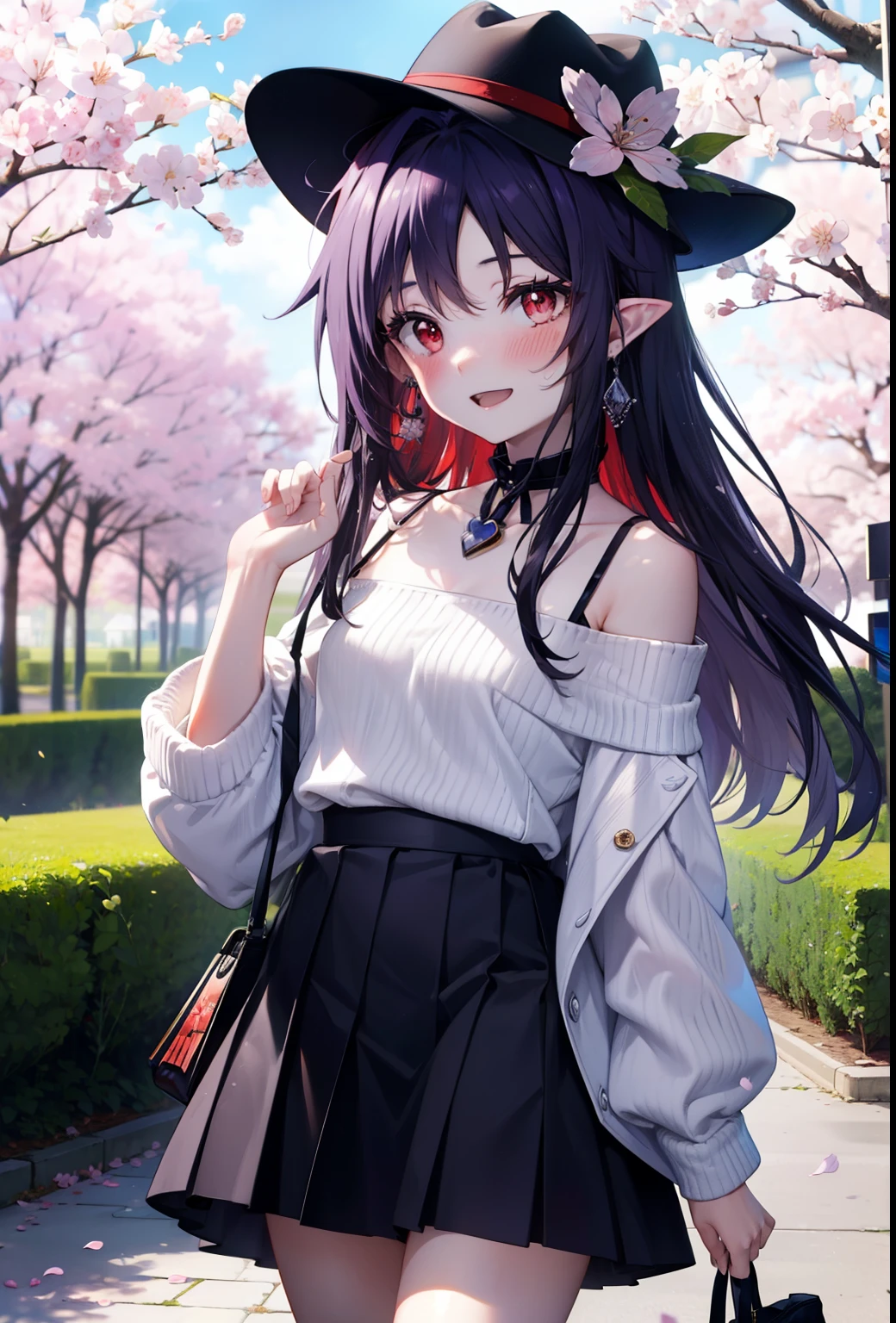 yuukikonno, yuuki konno, long hair, pointy ears, purple hair, (red eyes:1.5), (small breasts:1.2),blush, happy smile, smile, Open-mouth hunting hat,White off-shoulder sweater,bare shoulders,naked neck,bare clavicle,Heart shaped pendant,Purple long skirt,white sneakers,Cherry blossoms are scattered,cherry blossoms are blooming,Cherry Blossom Tree-lined Path BREAK looking at viewer,  full body,,(cowboy shot:1.5),
BREAK outdoors, garden,
BREAK (masterpiece:1.2), best quality, high resolution, unity 8k wallpaper, (illustration:0.8), (beautiful detailed eyes:1.6), extremely detailed face, perfect lighting, extremely detailed CG, (perfect hands, perfect ???????),