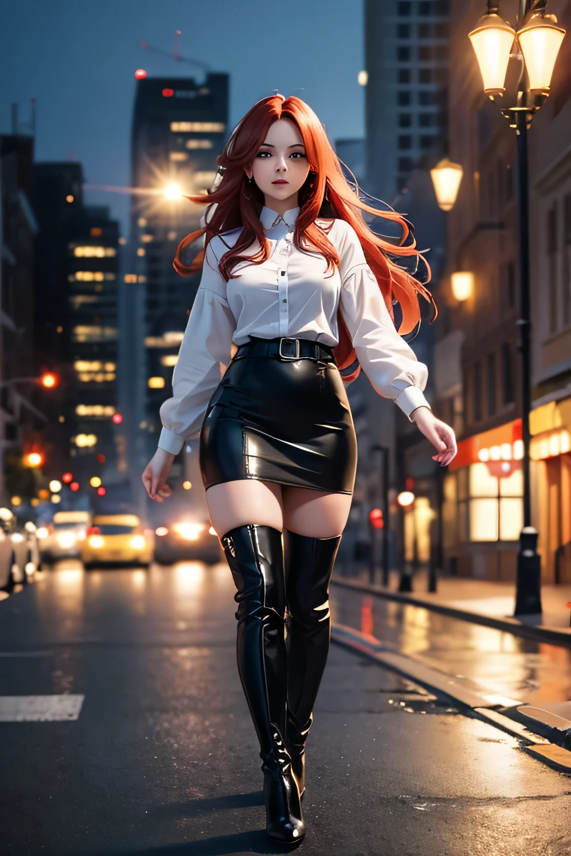 (8k,ultra hd,high resolution,extreme detail,octane,render,best quality,masterpiece,dynamic angle, highest detailed:1.2) , full body photo of young female, beautiful eyes, (intense long tomate red hair:1.2) , modern hairstyle, (white blouse with buttons:1.2), (tight black pencil skirt:1.2), ( leather black boot with high heels:1.4), fit body, view from forward, dynamic angle, trending on instagram, kodak, (ultra high resolution textures:1.2) , bokeh, (full body in frame:1.4), radiant skin, light passing through hair, night ,city background, walking in the street (official art:1.2)