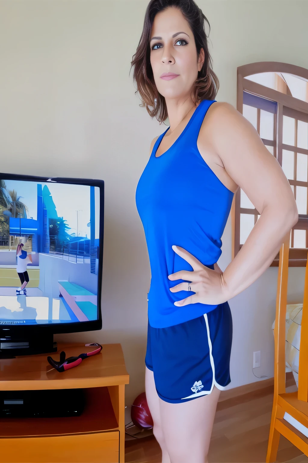there is a woman standing in front of a television in a living room, short sports shorts and tight, short dark blue shorts, wearing a blue tank top and tight, short shorts, t-shirt and sports shorts, wearing a t-shirt and tight, short shorts, wearing equipment gym, in short shorts, dressed in a top and shorts, short blue shorts, 35-year-old Brazilian mother using gym equipment, fitness body. Full body photo in high resolution and high quality, 8k.