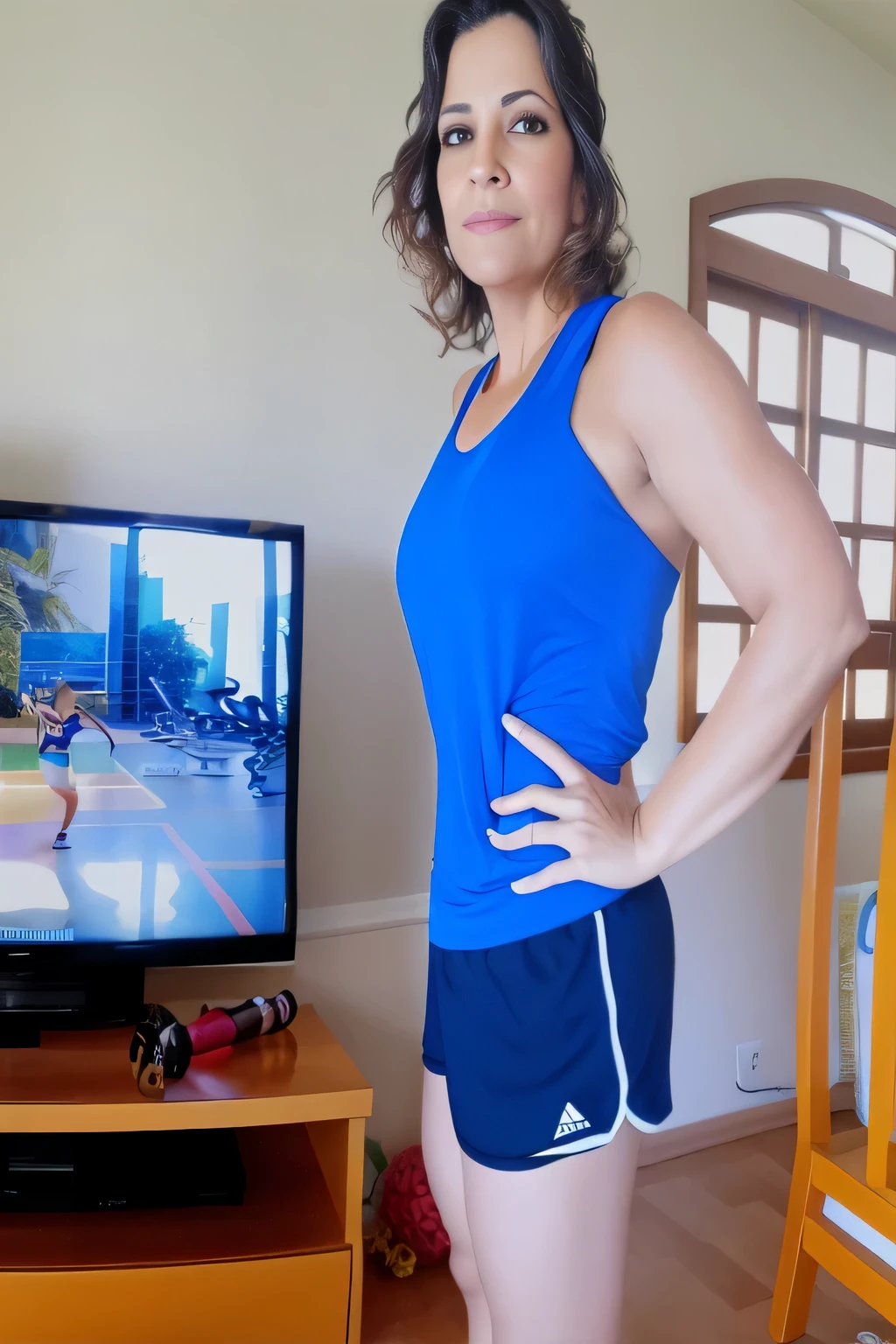 there is a woman standing in front of a television in a living room, short sports shorts and tight, short dark blue shorts, wearing a blue tank top and tight, short shorts, t-shirt and sports shorts, wearing a t-shirt and tight, short shorts, wearing equipment gym, in short shorts, dressed in a top and shorts, short blue shorts, 35-year-old Brazilian mother using gym equipment, fitness body. Full body photo in high resolution and high quality, 8k.