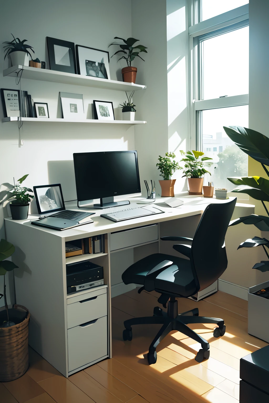 A person using a notebook in their home office with a clean and minimalist aesthetic. High resolution, ultra-modern, sleek design, uncluttered workspace, meticulous organization, natural lighting, ergonomic chair, contemporary decor, open concept, spacious room, neutral color palette, large windows, serene atmosphere, sleek laptop, wireless keyboard, minimalist desk accessories, unobtrusive cable management, thoughtfully curated bookshelf, inspiring artwork, lush indoor plants, unadorned walls, a soothing view outside the window.