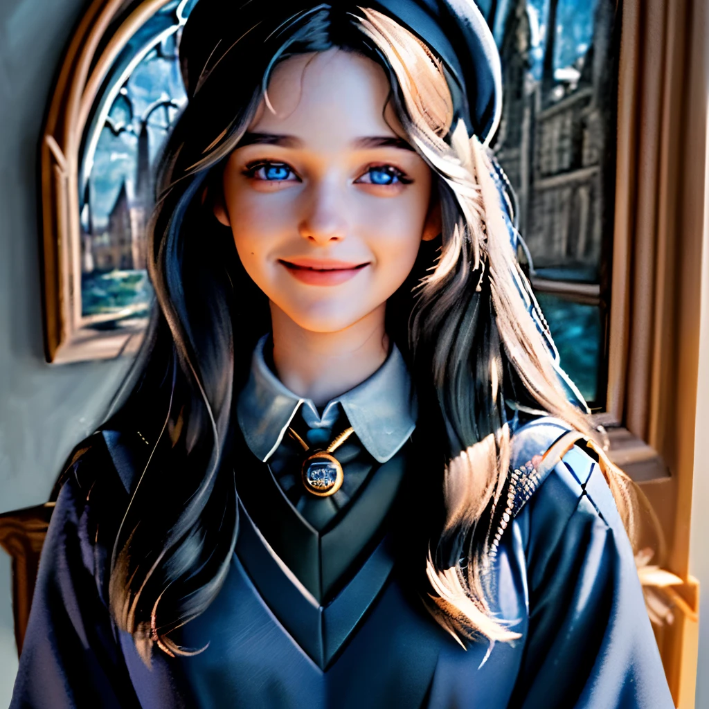 best quality,realistic,portrait,painting,medium:oil,ultra-detailed,beautiful detailed eyes,beautiful detailed lips,extremely detailed eyes and face,long eyelashes,sunlight,authentic Hogwarts uniform,black long hair,blue eyes,warm colors,happy expression,smiling genuinely