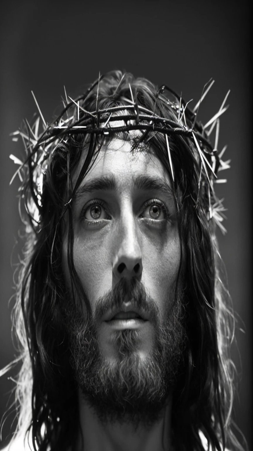 A backlit cinematic portrait of a man with a coroa de espinhos on his head, jesus, Jesus of Nazareth, Jesus Cristo, por Mirabello Cavalori, portrait of Jesus Cristo, coroa de espinhos, rosto de jesus, no design de Eliot Kohek, por Lee Jeffries, Christian, Rei dos Reis, por Emmanuel Lubezki, lubezki