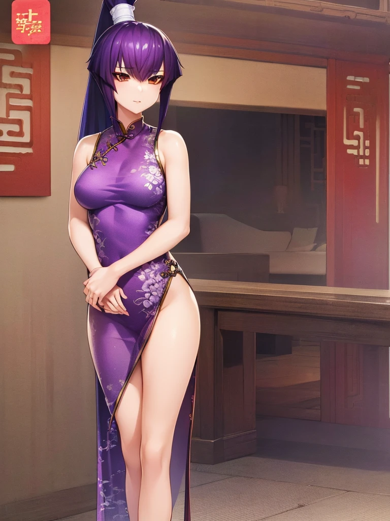 nsfw , Koubuin Yuuhi, , (((highres official art))) , (((1girl))) , (((solo))) , (((see-through China dress))) , blue hair , purple hair , high ponytail , standing ,party venue , (((cowboy shot)))