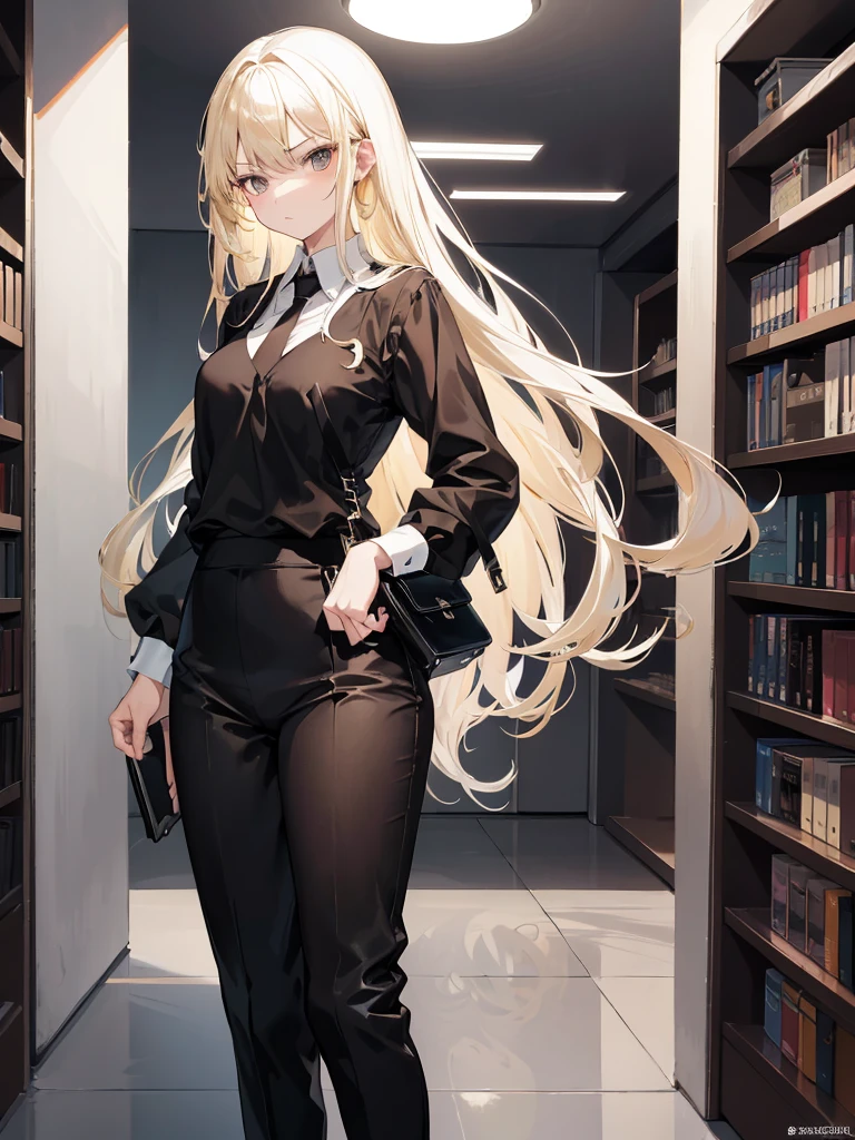 cute girl, Black Social Blouse, white long pants, black social shoes, blonde long hair, straight hair, brown eyes, Slender appearance, elegant, Library scenery, brown tie, serious expression, 20th generation women.