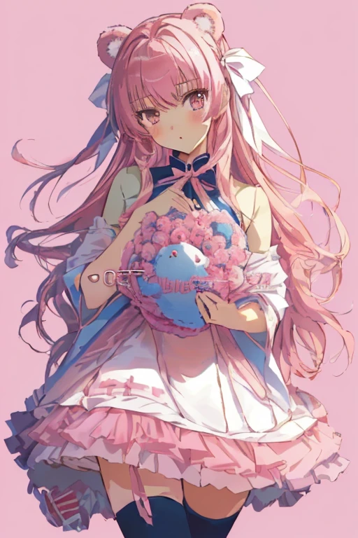EYESHIELD 21,original girl,(masterpiece, highest quality, highest quality, official art, beautiful and aesthetic,1 girl,:1.5), (Maximum softness:1.2),(cute illustration:1.5),(1 girl: 1.3), Viewers are watching, (pink long hair),(pink bear ears),pink long hair,high quality, ((simple background)),