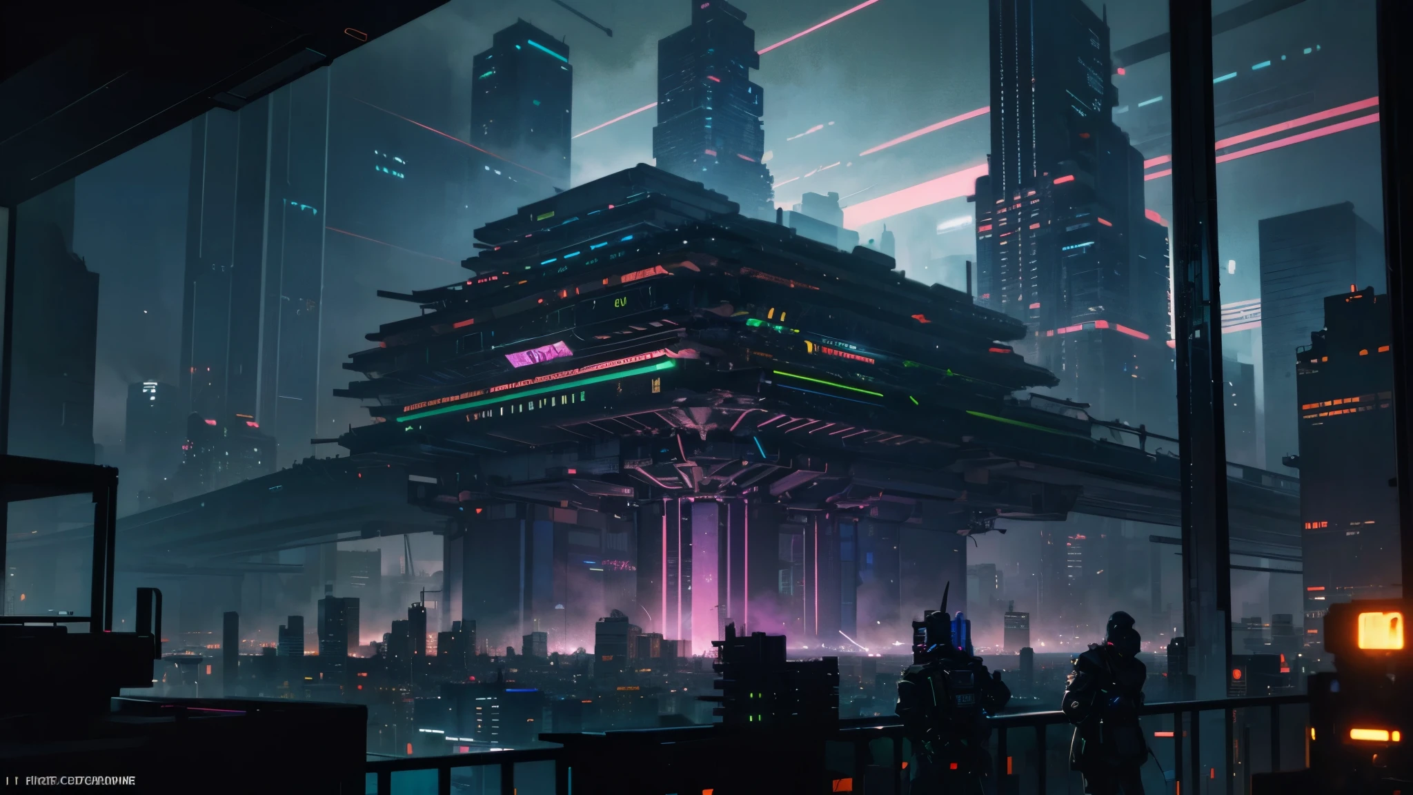 (masterpiece, best quality), illustration, concept art, landscape, wide angle shot, sprawling cyberpunk city, at night, huge skyscrapers, blue and tourqoise neon lights, ambient glow, (earth in the sky:1.2), stars, (cinematic:1.1), intricate details, dynamic colours, rich palette, (skyline:1.2), futuristic, techno gothic, 