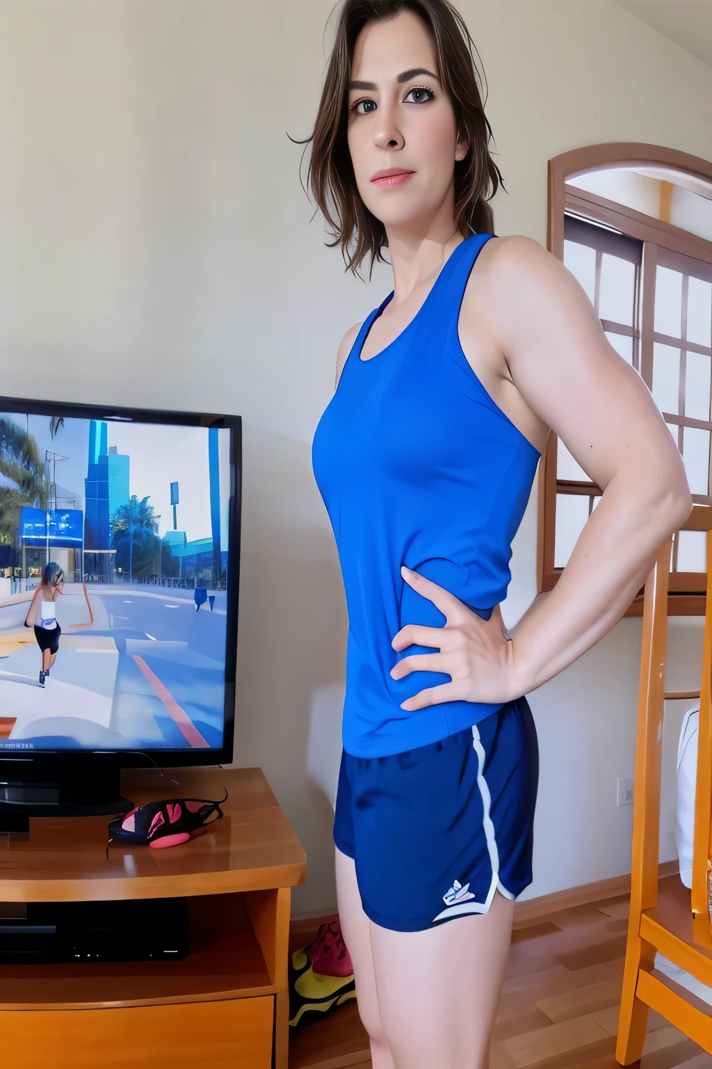 there is a woman standing in front of a television in a living room, short sports shorts and tight, short dark blue shorts, wearing a blue tank top and tight, short shorts, t-shirt and sports shorts, wearing a t-shirt and tight, short shorts, wearing equipment gym, in short shorts, dressed in a top and shorts, short blue shorts, 35-year-old Brazilian mother using gym equipment, fitness body. Full body photo in high resolution and high quality, 8k.