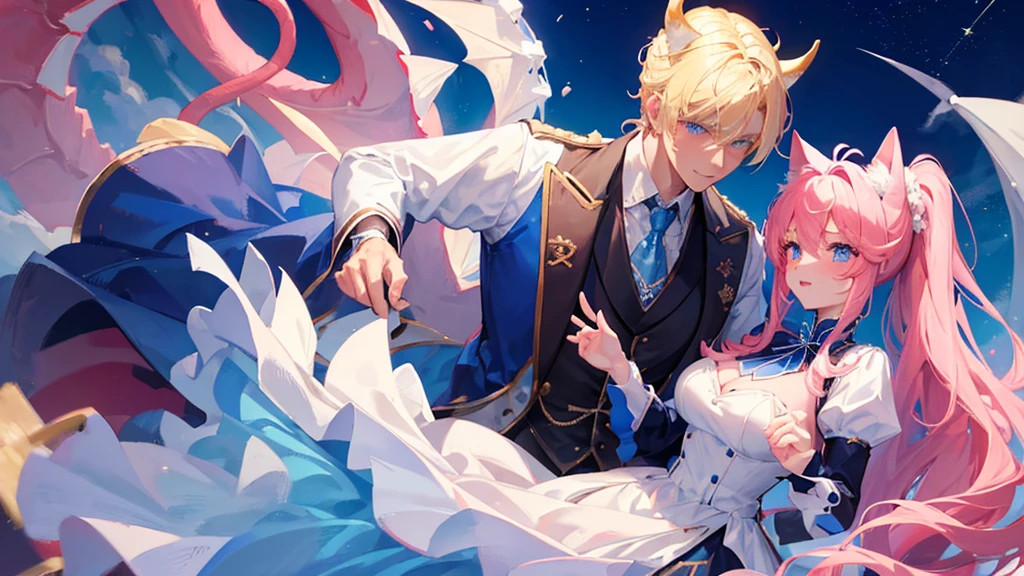 handsome boy, blonde hair, blue eyes, royal blue clothes, white horns, huge dragon surrounding him, beutiful girl, red and pink hair, two ponytail hair, cute girl, cat ears, cat tail, royal clothes, couple, romantic pose, 8k resolution, sky