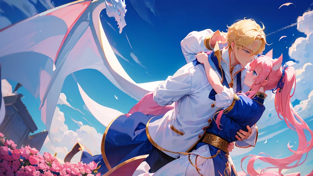 handsome boy, blonde hair, blue eyes, royal blue clothes, white horns, huge dragon surrounding him, beutiful girl, red and pink hair, two ponytail hair, cute girl, cat ears, cat tail, royal clothes, couple, romantic pose, 8k resolution, sky