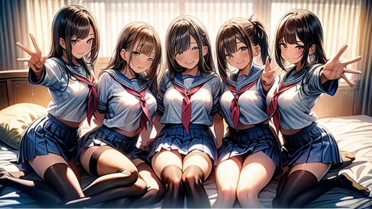 nswf:1.3,(masterpiece: 1.2, highest quality, masterpiece, Clearer images), (Bright colors), ((Take clear photos even from a distance)), (multiple girls), (Harem), (School classmates), (((All school uniforms have the same design))), (((Everyone is wearing the same navy blue skirt))), (()), ((prostitution婦)), (prostitution宿, on the bed), (cute Japanese((6 girls))), (((infant'face))), ((group shot)), (group selfie), ((ass visible through thighs))、 (Full body diagram from head to toe), front, frontやや下からの構図, symmetry, 18 year old tall girl, alone, (whole body from head to toe),wide angle, soft light, ((((laugh with your mouth wide open)))), (slightly larger breasts), ((prostitution)), (lure), ((viewers love it)), (((A lot of hearts are flying))), Landscape、(((show panty:1.6)))、((((M spread legs:1.4)))、((female masturbation:1.8))、((breast grab:1.3)),(((bra lift:1.2)))、(skirt lift:1.3) 、one eye closed、stick out one's crotch、((youth))、black tights、black stockings、black pantyhose、black stockingsックス、standing on one leg