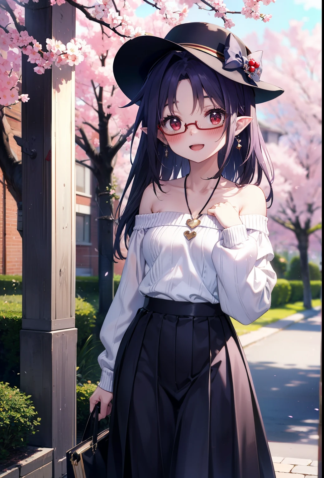 yuukikonno, yuuki konno, long hair, pointy ears, purple hair, (red eyes:1.5), (small breasts:1.2),blush, happy smile, smile, Open-mouth octagonal hat,Akabuchi Glasses,White off-shoulder sweater,bare shoulders,naked neck,bare clavicle,Heart shaped pendant,Purple long skirt,white sneakers,Cherry blossoms are scattered,cherry blossoms are blooming,Cherry Blossom Tree-lined Path BREAK looking at viewer, full body,,(cowboy shot:1.5),
BREAK outdoors, garden,
BREAK (masterpiece:1.2), best quality, high resolution, unity 8k wallpaper, (illustration:0.8), (beautiful detailed eyes:1.6), extremely detailed face, perfect lighting, extremely detailed CG, (perfect hands, perfect anatomy),