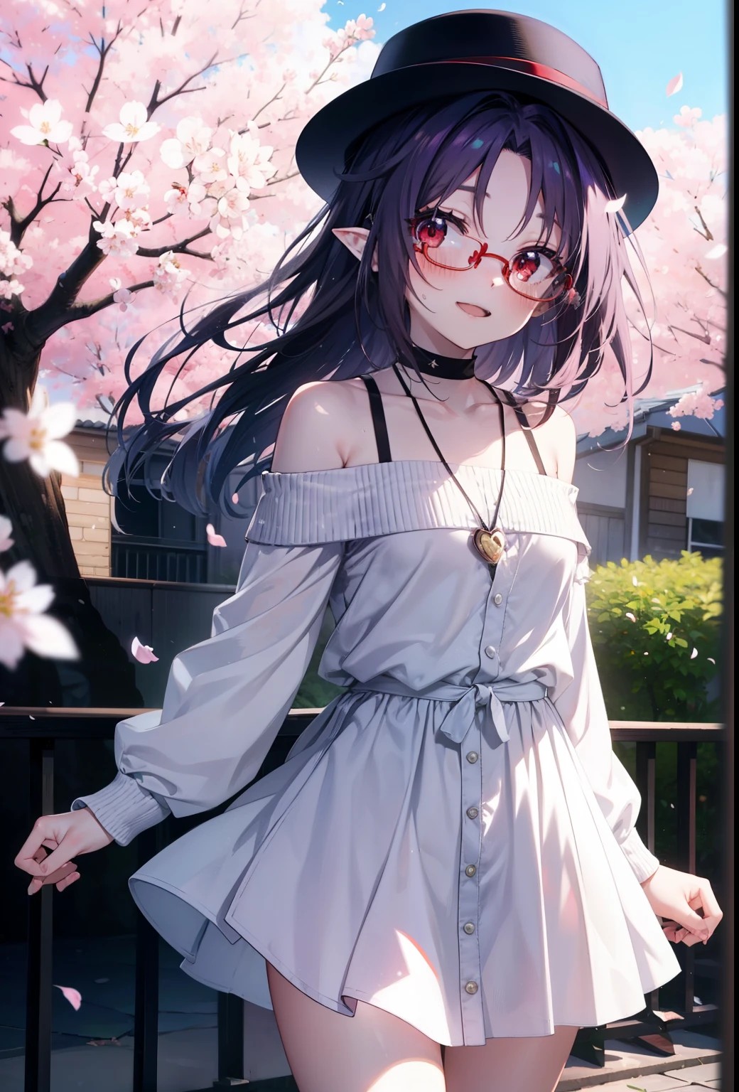 yuukikonno, yuuki konno, long hair, pointy ears, purple hair, (red eyes:1.5), (small breasts:1.2),blush, happy smile, smile, Open-mouth octagonal hat,Akabuchi Glasses,White off-shoulder sweater,bare shoulders,naked neck,bare clavicle,Heart shaped pendant,Purple long skirt,white sneakers,Cherry blossoms are scattered,cherry blossoms are blooming,Cherry Blossom Tree-lined Path BREAK looking at viewer,  full body,,(cowboy shot:1.5),
BREAK outdoors, garden,
BREAK (masterpiece:1.2), best quality, high resolution, unity 8k wallpaper, (illustration:0.8), (beautiful detailed eyes:1.6), extremely detailed face, perfect lighting, extremely detailed CG, (perfect hands, perfect ???????),
