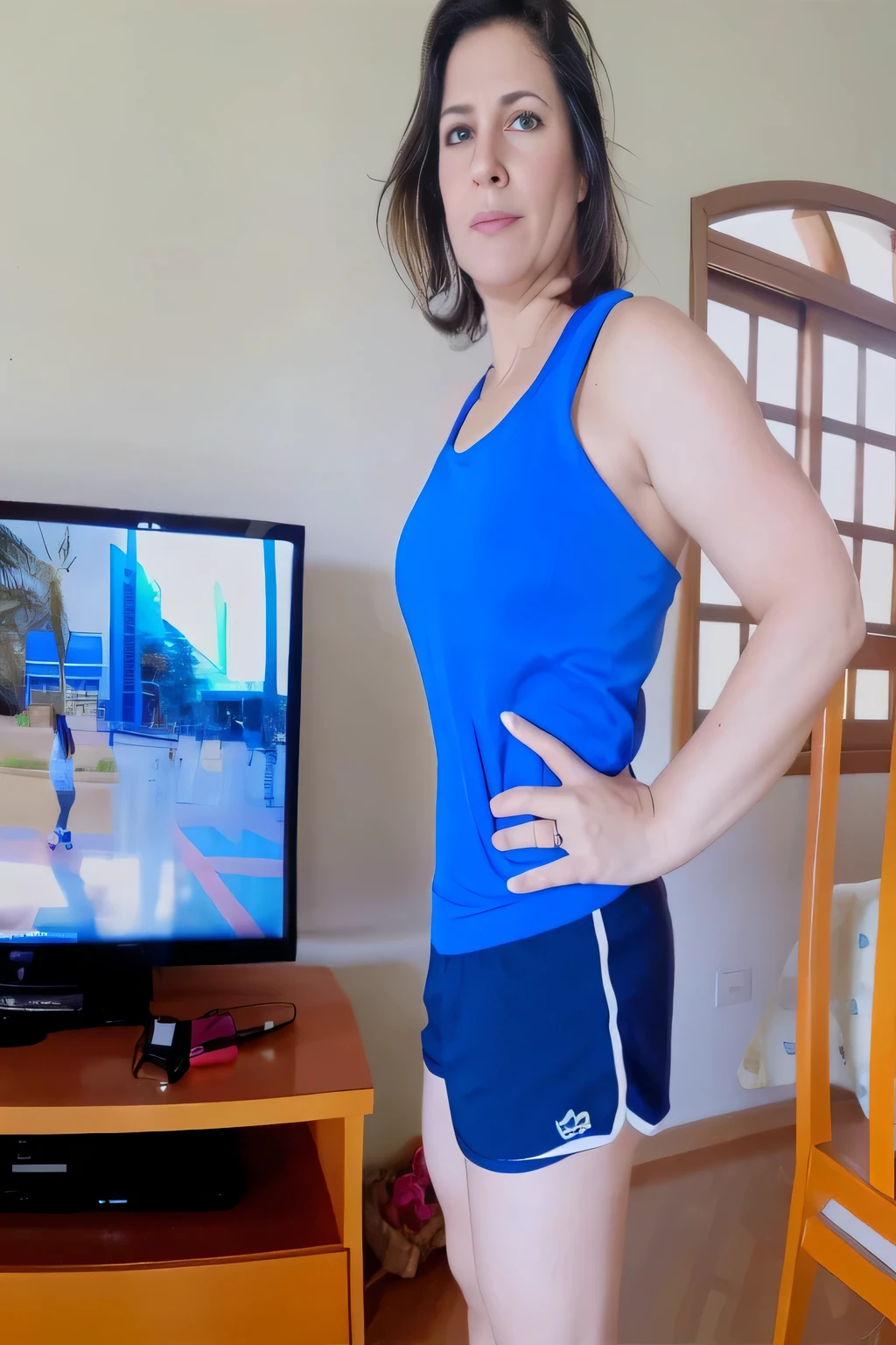 there is a woman standing in front of a television in a living room, short sports shorts and tight, short dark blue shorts, wearing a blue tank top and tight, short shorts, t-shirt and sports shorts, wearing a t-shirt and tight, short shorts, wearing equipment gym, in short shorts, dressed in a top and shorts, short blue shorts, 35-year-old Brazilian mother using gym equipment, fitness body. Full body photo in high resolution and high quality, 8k.