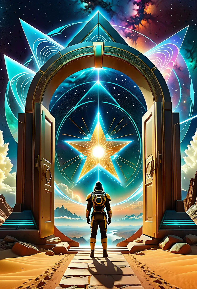 Giant triangle cybernetics，Magnificent cosmic starry sky background，Intricate illustration in surreal art style，surreal dream，Dubrec style，Transparent geometric shape close-up，（multiple exposure：1.8），A man stood in the doorway，Alphad&#39;s image with a star in the sky, Entering the ethereal realm, A portal to another universe, The gateway to the ethereal realm, artgem and beeple masterpiece, portal to another dimension, futuristic stargate, door to universe, Movie Bee, Jessica Rossier Fantasy Art