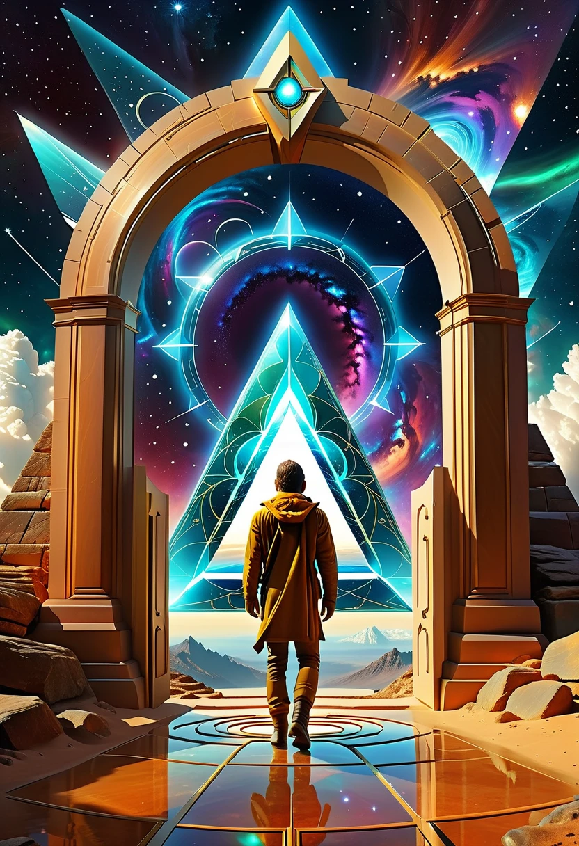 Giant triangle cybernetics，Magnificent cosmic starry sky background，Intricate illustration in surreal art style，surreal dream，Dubrec style，Transparent geometric shape close-up，（multiple exposure：1.8），A man stood in the doorway，Alphad&#39;s image with a star in the sky, Entering the ethereal realm, A portal to another universe, The gateway to the ethereal realm, artgem and beeple masterpiece, portal to another dimension, futuristic stargate, door to universe, Movie Bee, Jessica Rossier Fantasy Art