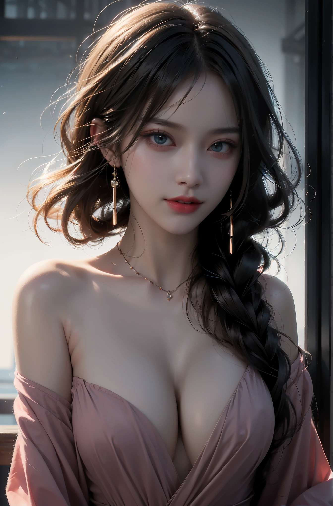 ((Bare shoulder)), cleavage, large breasts, , (knee shot), (Surreal), (illustration), (Resolution enhancement), (8k), (Very detailed), (Best illustration), (Beautiful and delicate eyes), (best quality), (Super detailed), (masterpiece ), ( wallpaper), (Detailed face),one blonde, curls,(High top fade in and out:1.3), (Smile brightly, bright look), dark theme, soothing tone, pastel colors, high contrast, (natural skin texture, Surrealism, soft light, Impatient),exposure blending, medium shot, Bokeh, (human development report:1.4), high contrast, (Movie, teal and orange:0.85), (pastel colors, fade, soothing tone:1.3), high saturation, (Super detailed:1.2),(big breasts :1.2)