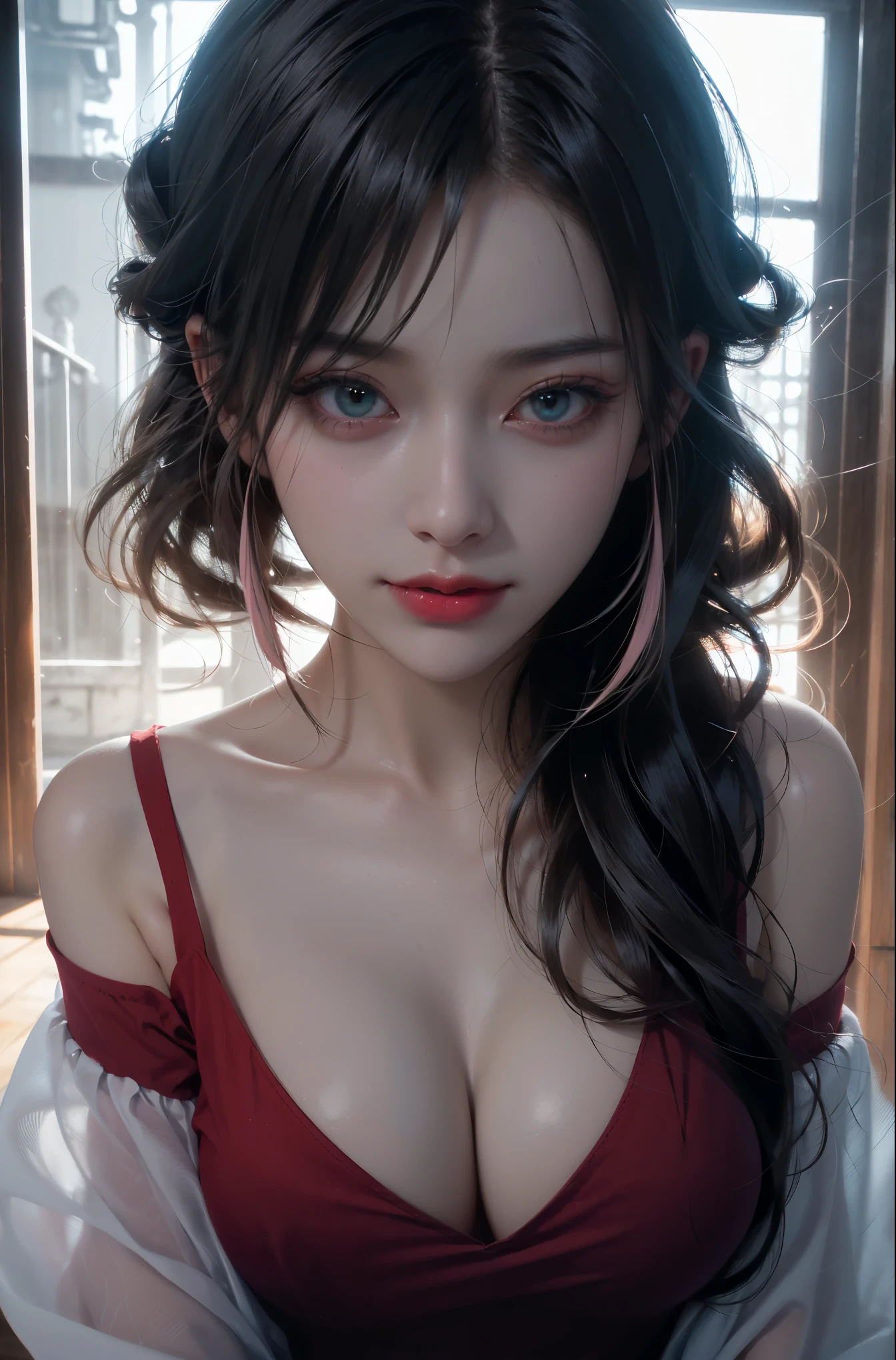 ((Bare shoulder)), cleavage, large breasts, , (knee shot), (Surreal), (illustration), (Resolution enhancement), (8k), (Very detailed), (Best illustration), (Beautiful and delicate eyes), (best quality), (Super detailed), (masterpiece ), ( wallpaper), (Detailed face),one blonde, curls,(High top fade in and out:1.3), (Smile brightly, bright look), dark theme, soothing tone, pastel colors, high contrast, (natural skin texture, Surrealism, soft light, Impatient),exposure blending, medium shot, Bokeh, (human development report:1.4), high contrast, (Movie, teal and orange:0.85), (pastel colors, fade, soothing tone:1.3), high saturation, (Super detailed:1.2),(big breasts :1.2)