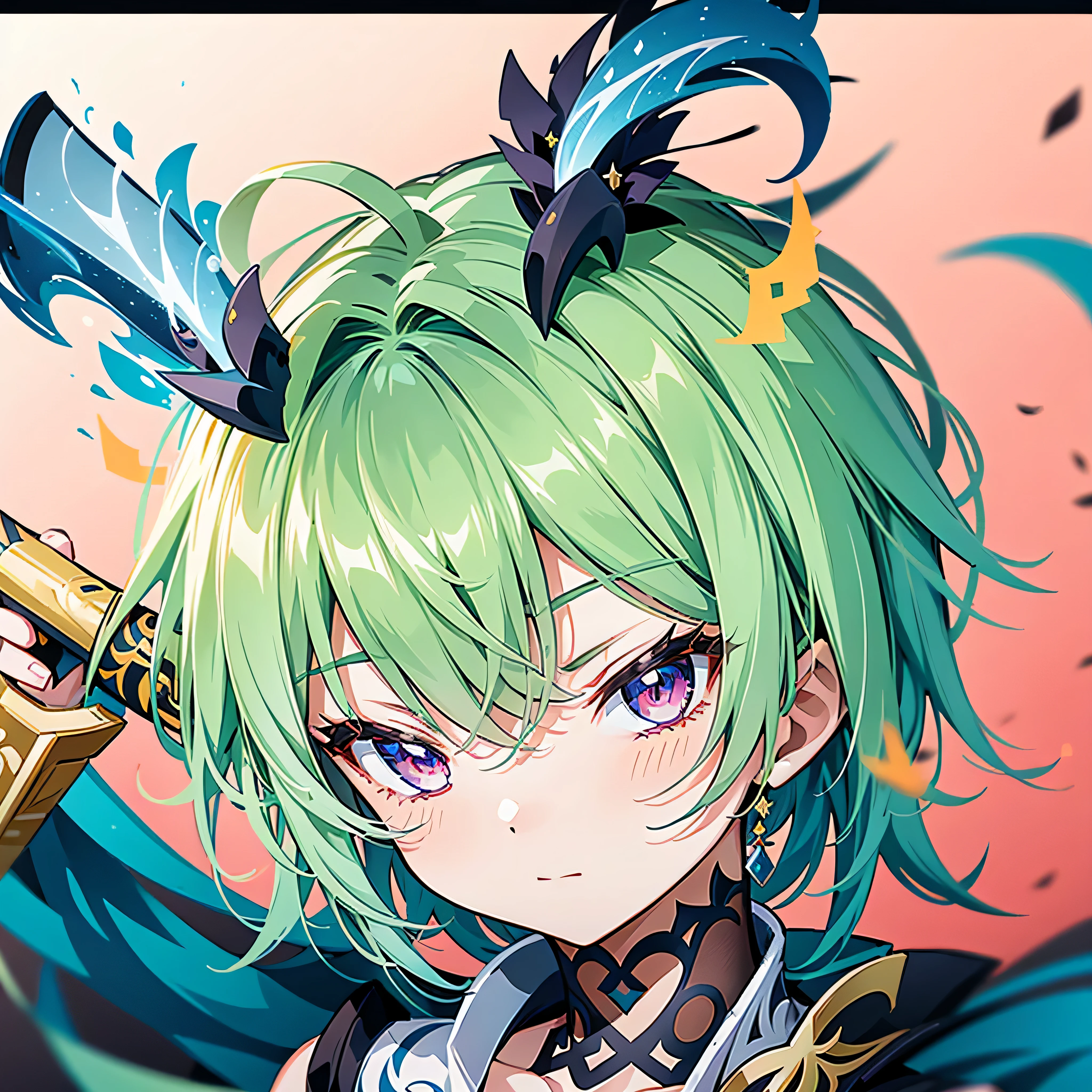 Cartoon image of a boy with a sword and katana, keqing from Genshin impact, Genshin impact character, zhongli from Genshin impact, discord pfp, do pubic poses, Genshin impact style, Crisp, crisp RPG portraits, [[[[With a bright smile]]]], both eyes closed,zodiac girl portrait knight, Genshin