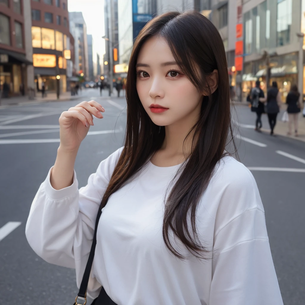 woman, (realistic), (hyper realism), (photorealistic), Depth of the bounds written, eye make up:0.5, (Upper body:1.2), (tight waist:0.7), looking at the viewer, casual clothes, on the city street,