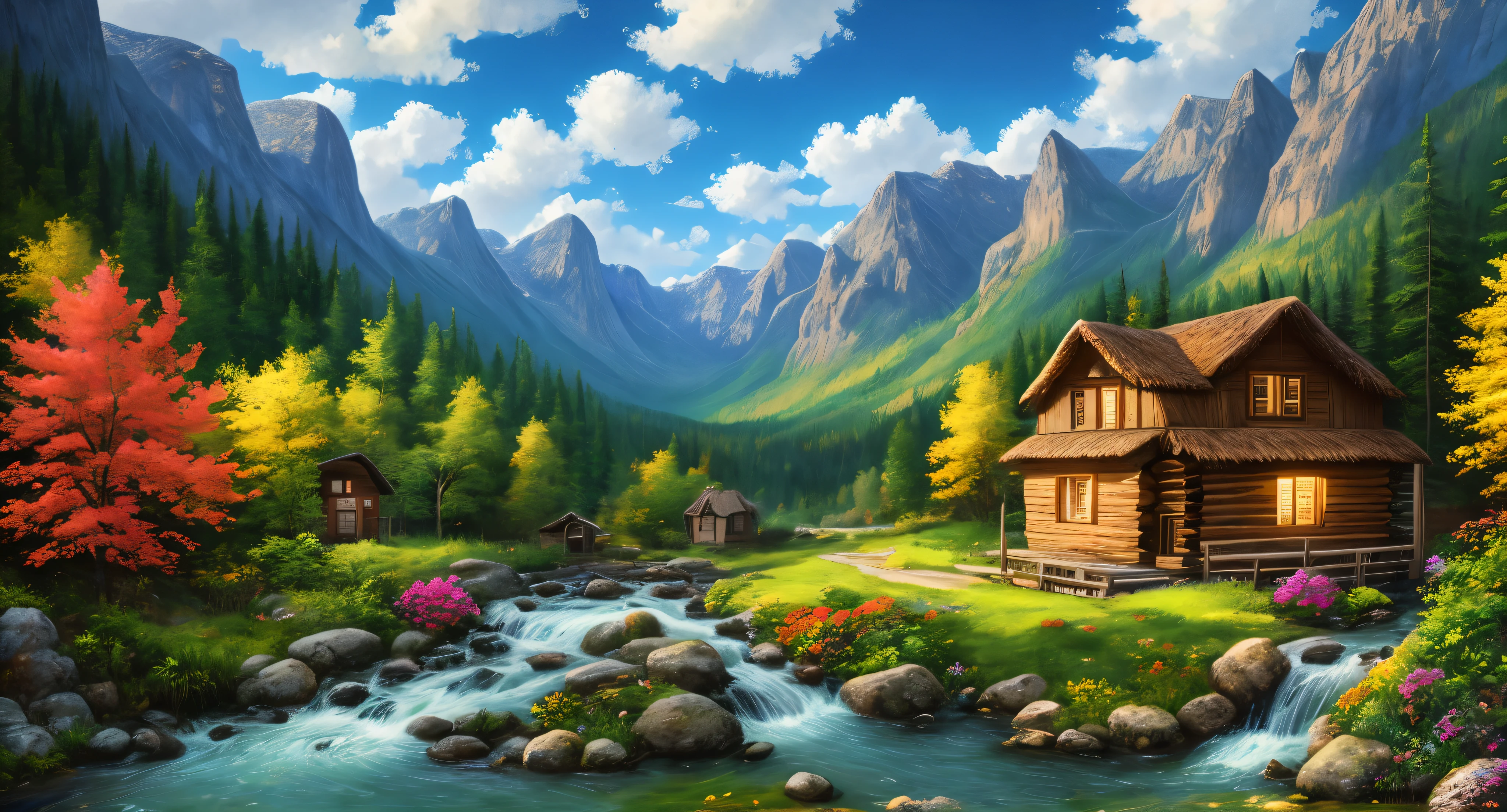 painting of a cabin in a mountain valley with a stream running through it, beautiful art uhd 4 k, background artwork, detailed painting 4 k, 8k high quality detailed art, 4k highly detailed digital art, scenery art detailed, 4 k hd wallpaper illustration, landscape wallpaper, amazing wallpaper, dream scenery art, scenery wallpaper, 4 k hd wallpaper very detailed