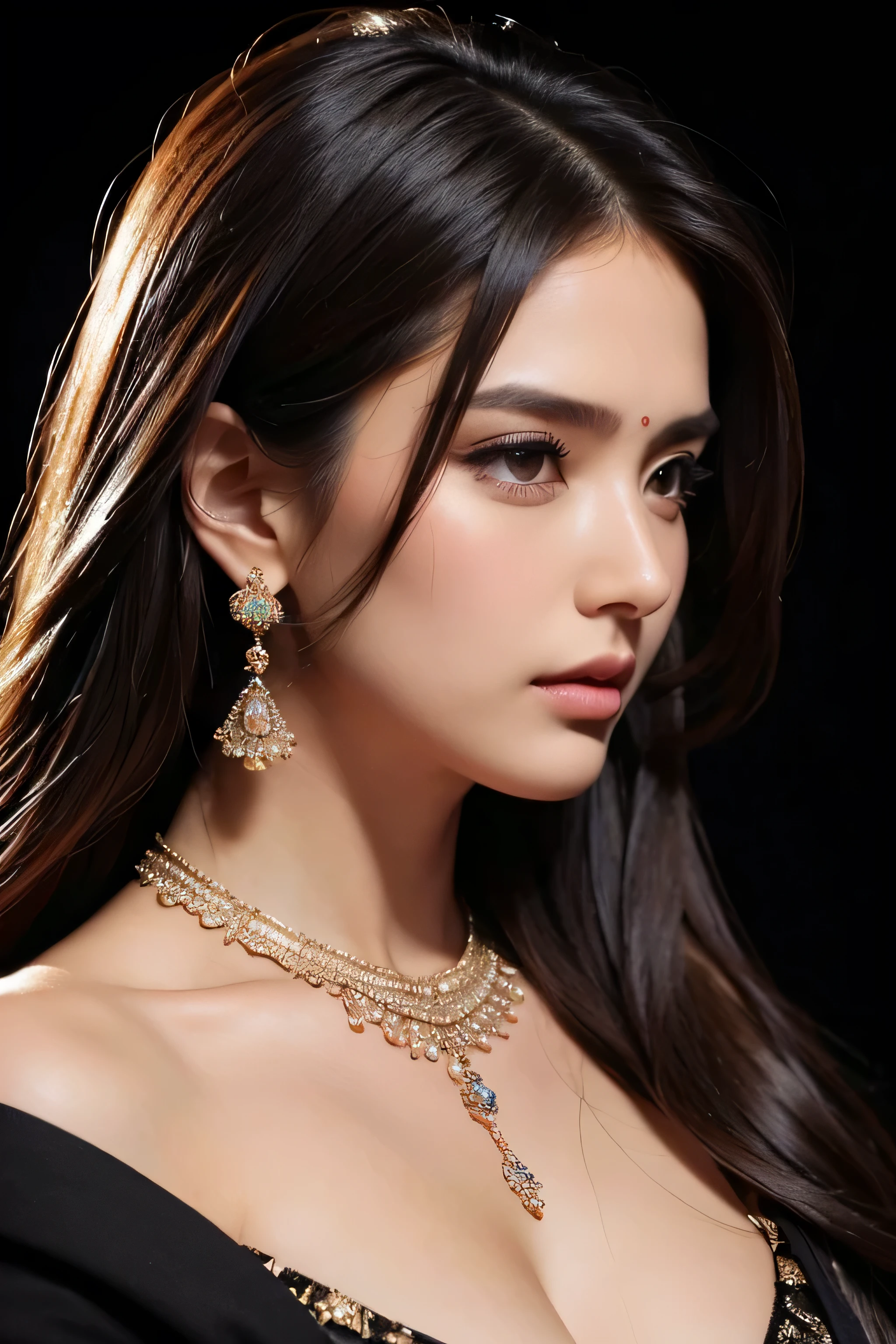 Arafe woman wearing sari and necklace, complex set, Bejeweled, wearing complicated clothes, intricate jewelry, with intricate details, intricate costumes, wearing elegant jewelry, intricate details. from the front, black gem, detailed jewelry, high intricate details, hand jewelry model pictures, close portrait, complex beauty, intricate jewelry, side view intricate details, masterpiece, 最high quality, high quality, High resolution, beautiful face、(realistic face)、realistic eyes、beautiful detailed eyes、realistic skin、beautiful skin、Super realistic、very detailed、beautiful lighting、sharp focus、various poses、超detailed face、fine aiole hair、brown hair、long hair、beautiful hairstyle、detailed face、chest exposure、cleavage、(big breasts)、((close up of face))、incredibly stupid, ridiculous, (((black background)))