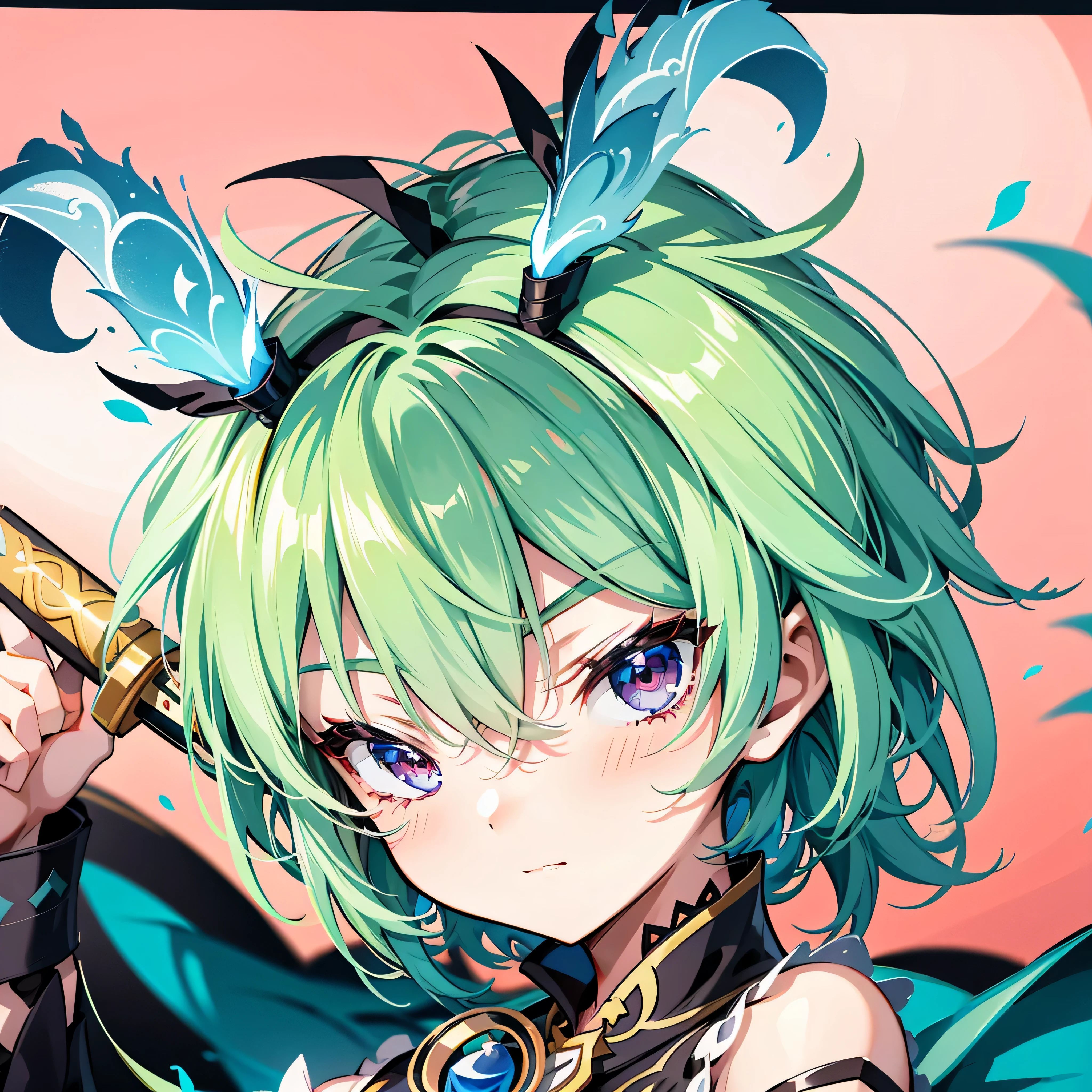 Cartoon image of a boy with a sword and katana, keqing from Genshin impact, Genshin impact character, zhongli from Genshin impact, discord pfp, do pubic poses, Genshin impact style, Crisp, crisp RPG portraits, [[[[With a bright smile]]]], both eyes closed,zodiac girl portrait knight, Genshin