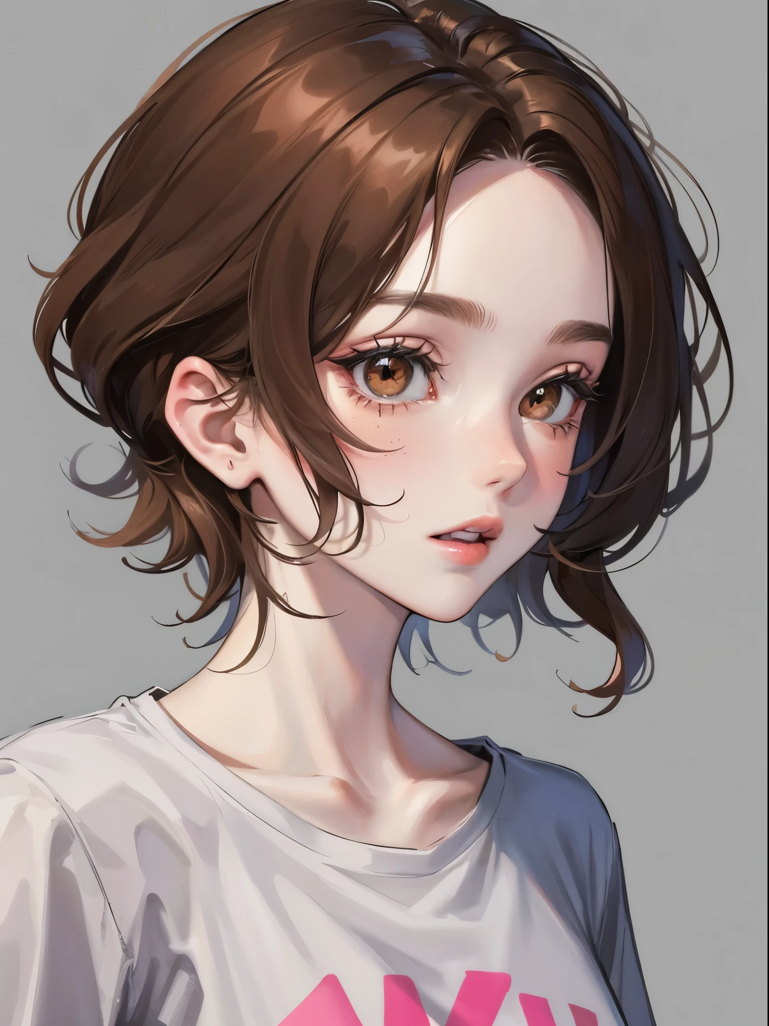 Girl, long brown hair, brown eyes, sharp features, white skin, pink lips, gray T-shirt