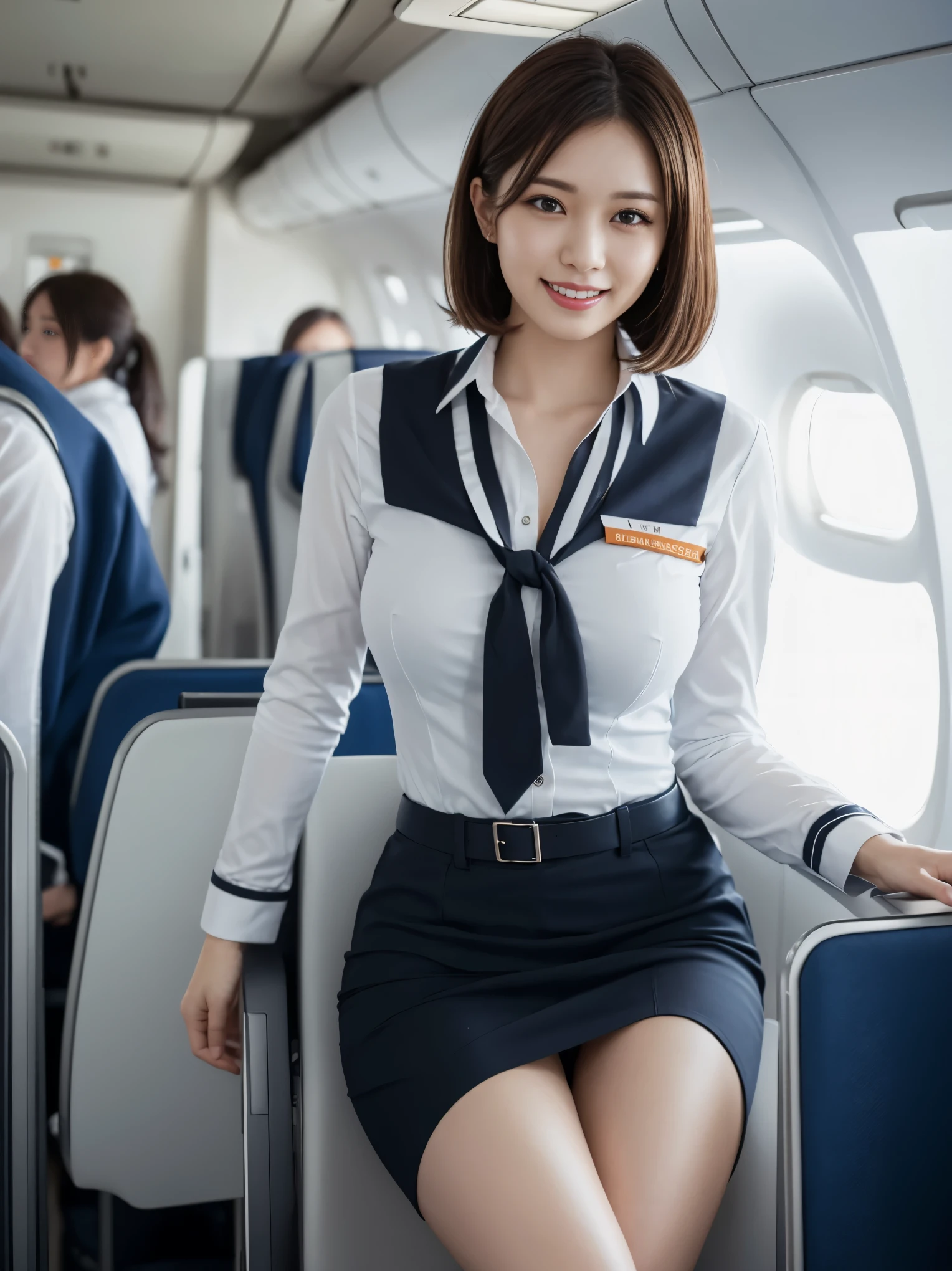 1 female, 40 years、very detailed顔、lip details、detailed eye、double eyelid、(black bob hair、Like an airplane stewardess々I wish you the best)、(stewardess uniform:1.2)、(glamorous body)、(big breasts)、smile、thighs thighs, that&#39;s right, perfect image realism, With background: (airplane business class aisle:1.2), cowboy shot, detailed background, detailed costume, perfect lighting、hyper realism、(Photoreal:1.4)、8K maximum resolution, (masterpiece), very detailed, Professional