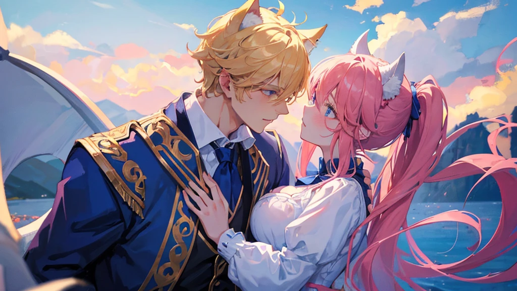 couple, handsome boy, blonde hair, blue eyes, royal blue clothes, white horns, dragon, beautiful girl, red and pink hair, two ponytails, beautiful girl, cat ears, cat tail, 8k resolution, sky night