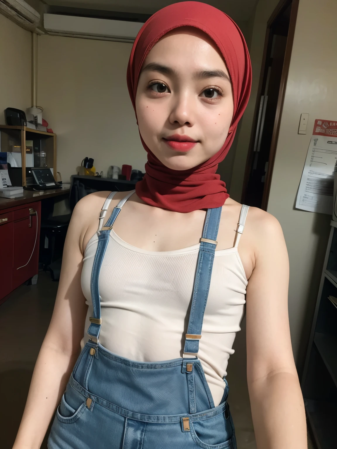 (WEARING SUSPENDER), ((Open mouth)), Naked singlet (((HIJAB MALAY GIRL))), masutepiece, High quality, UHD 32K, Realistic face, Realistic skin feeling , A Japanese Lady, 8 , , Very cute and baby-like face, (((FLAT CHEST))), (MATRIX WORLD), ((look In front  at the camera and SADNESS)), ((())), (((CUTE GIRL))), ((RED LIPS)), ((Wearing Lingerie Suspender)), ((CHUBBY)), (undress nude, Rainbow, work in an iron and gas welding workshop, jeans 