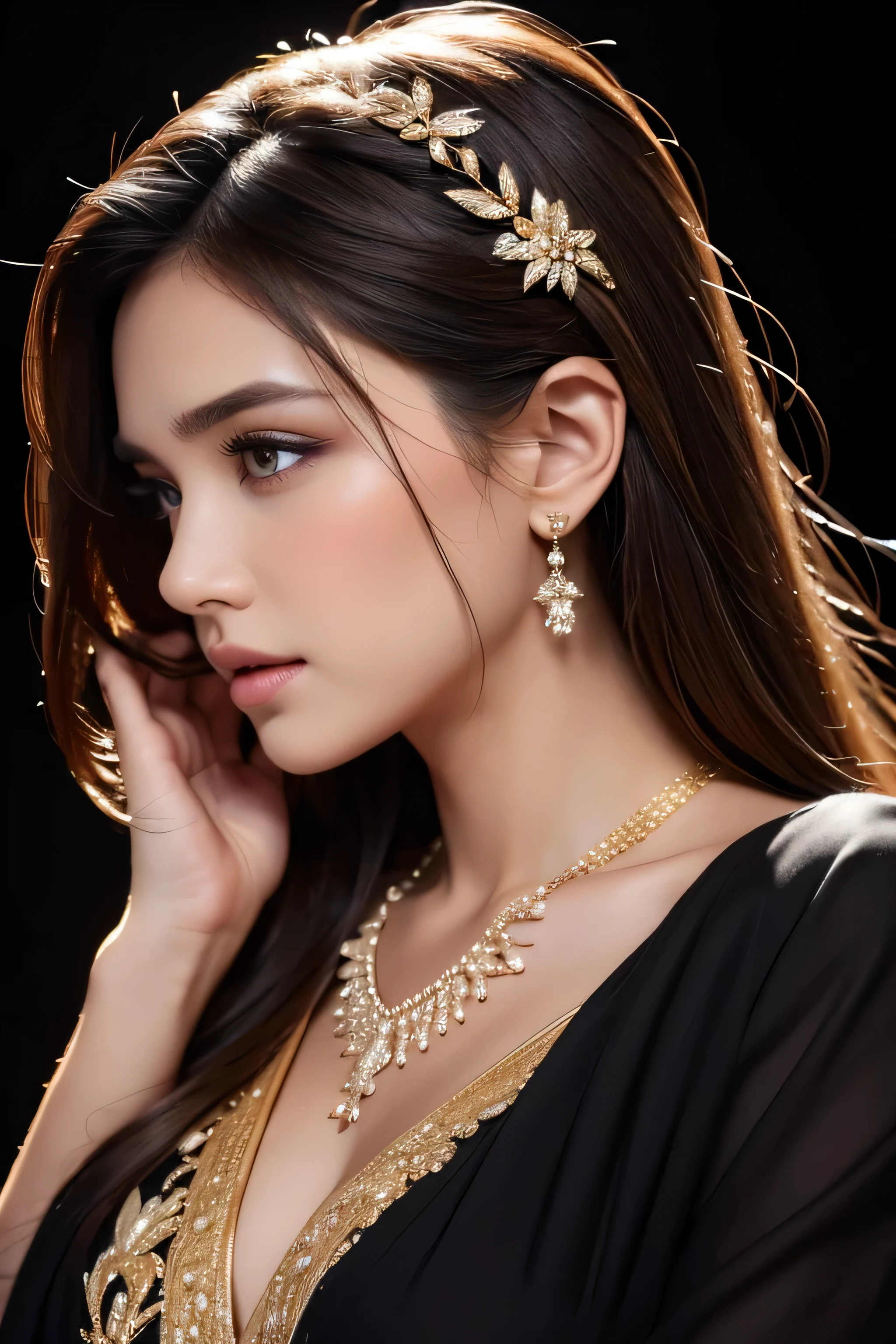 Arafe woman wearing sari and necklace, complex set, wearing a classy (white) Button shirt, intricate details. from the front, black gem, detailed jewelry, high intricate details, hand jewelry model pictures, close portrait, complex beauty, intricate jewelry, side view intricate details, masterpiece, 最high quality, high quality, High resolution, beautiful face、(realistic face)、realistic eyes、beautiful detailed eyes、realistic skin、beautiful skin、Super realistic、very detailed、beautiful lighting、sharp focus、various poses、超detailed face、fine aiole hair、brown hair、long hair、beautiful hairstyle、detailed face、chest exposure、cleavage、(big breasts)、((close up of face))、incredibly stupid, ridiculous, (((black background)))