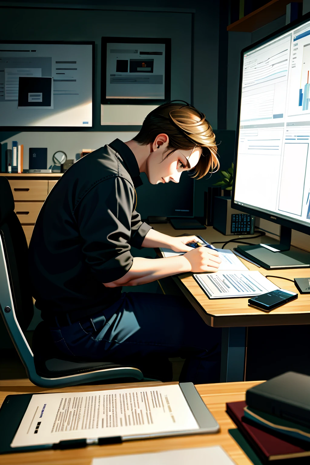 A person sitting at their computer, working intently in a high-realistic image --s2

Perhaps the scene depicts a professional, focused on their tasks with a determined expression, the glow of the screen casting a soft light upon their face. The background could be cluttered with papers, books, and technical manuals, while detailed cables and wires snake across the desk. The atmosphere would be quiet and serious, emphasizing the individual's concentration and dedication.

[Imagine a person sitting at their computer, working intently with a focused expression, in a high-realistic image featuring a cluttered desk, technical documents, and cables.]