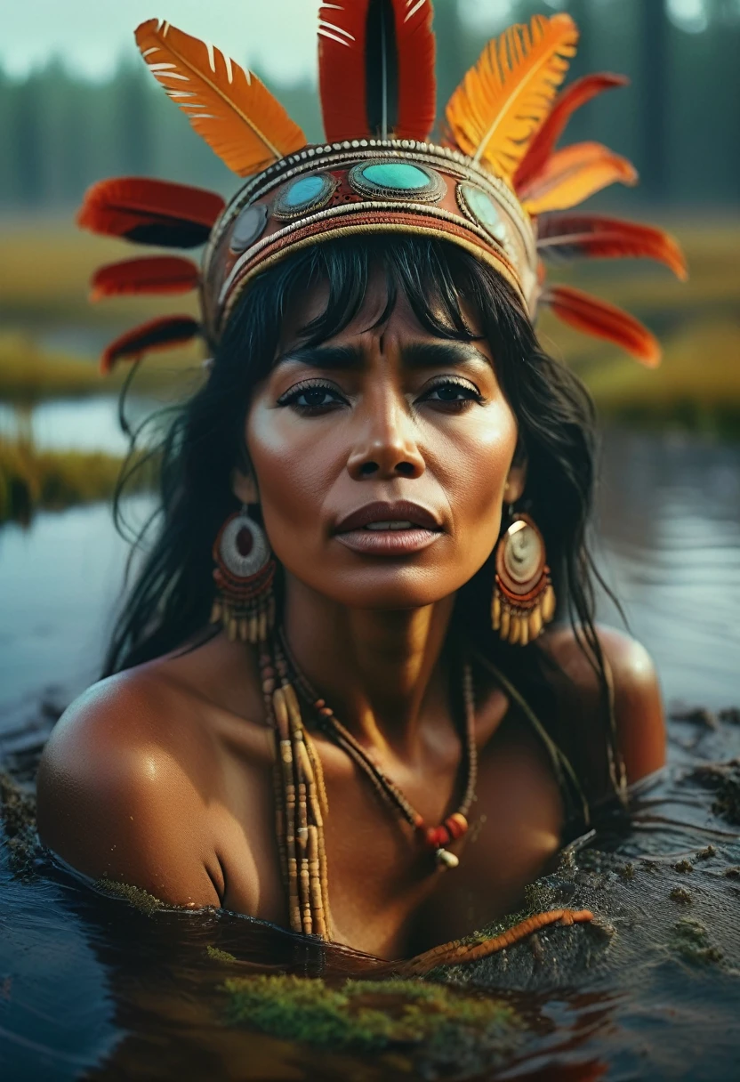 70s setting, extremely detailed mature woman,drowning waist-deep in the middle of a mysterious foggy bog, wearing a beautiful headdress and indigenous accessories, faded high-waisted jeans and bright blouse,. The scene is of the highest quality, with 4k resolution and ultra-detailed visuals. The woman's facial expressions and body language depict her struggle and fear, while her eyes reflect the intensity of the situation. The lighting is atmospheric, casting eerie shadows throughout the bog. The colors are vivid, with a focus on earthy tones to enhance the natural environment.