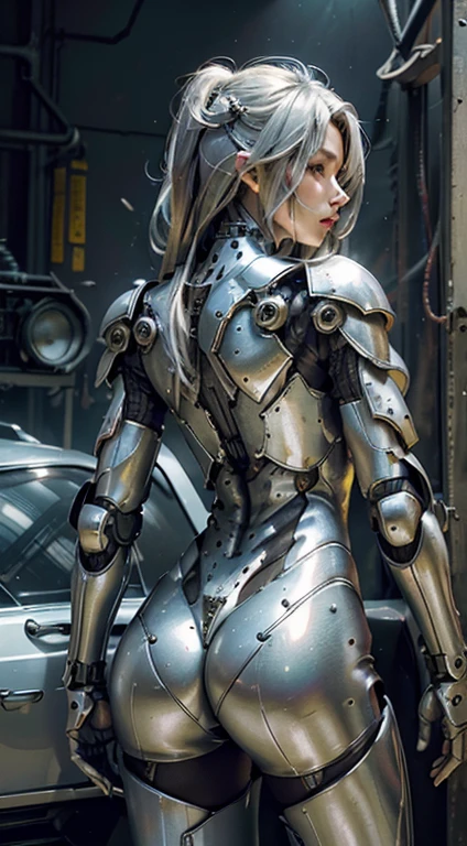 (masterpiece), (highest quality), photorealism, realistic, super detailed, perfect face, perfect body, 1 girl, beautiful girl, girl in silver armor, mechanical armor, exoskeleton, stand, cool pose, sexy, watching from behind