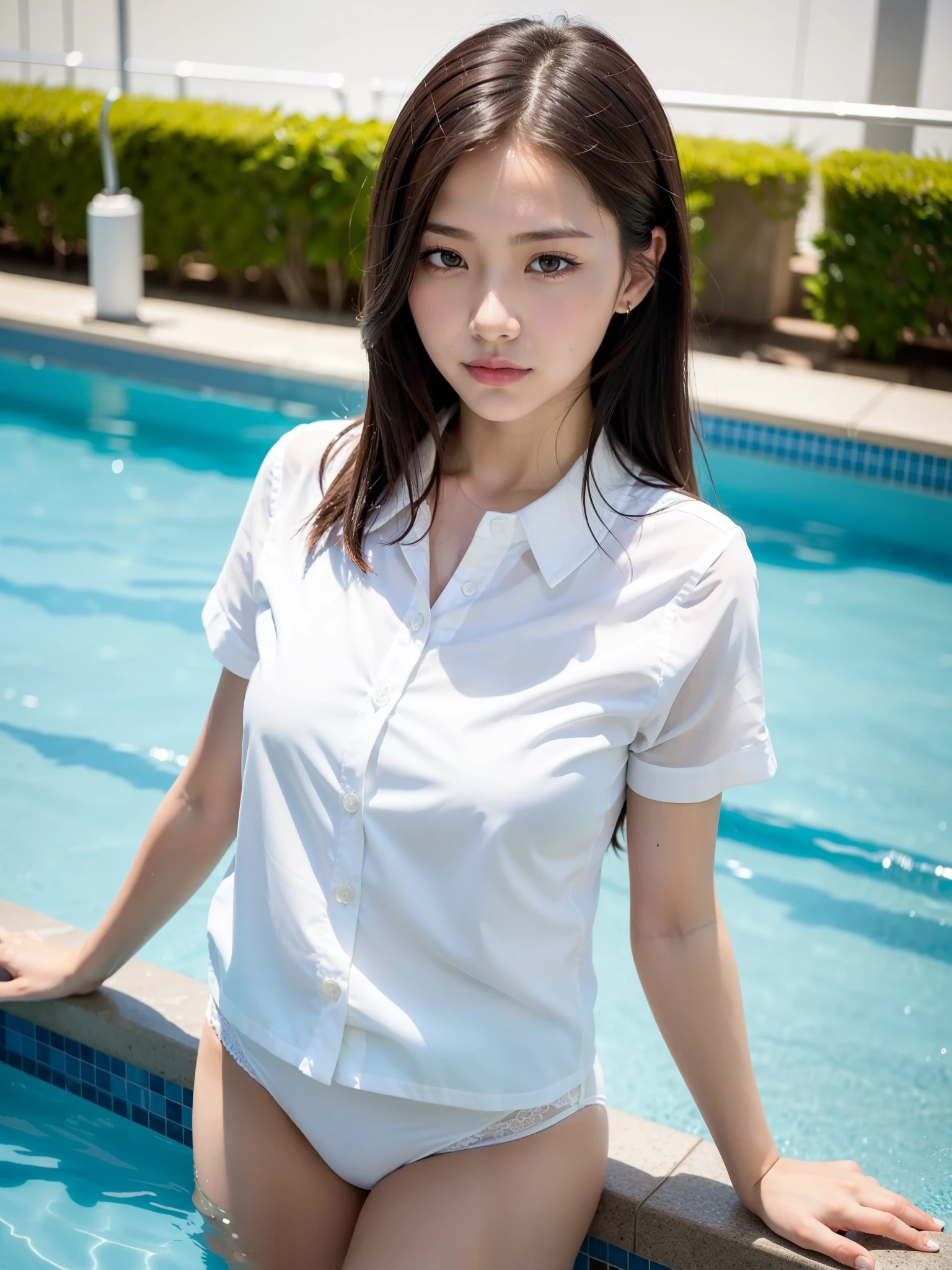((Best of the highest quality, 8k, Masterpiece: 1.3, raw photo)), Sharp focus: 1.2, (1 AESPA, slim body type female, 21 y/o: 1.1), (Solo: 1.2), (realistic, photo-realistic:1.37), face focus, cute face, finely eyes, (small breast, Thigh: 1.3), short messy hair, updo, (neat business blouse, white panties: 1.4), (standing in the pool: 1.2)