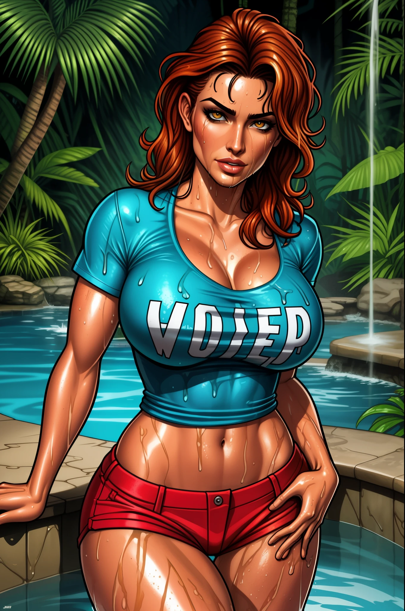 wet and wild, t-shirt, hotpants, soaked, wet, dripping, jungle pool, in the style of clyde caldwell
