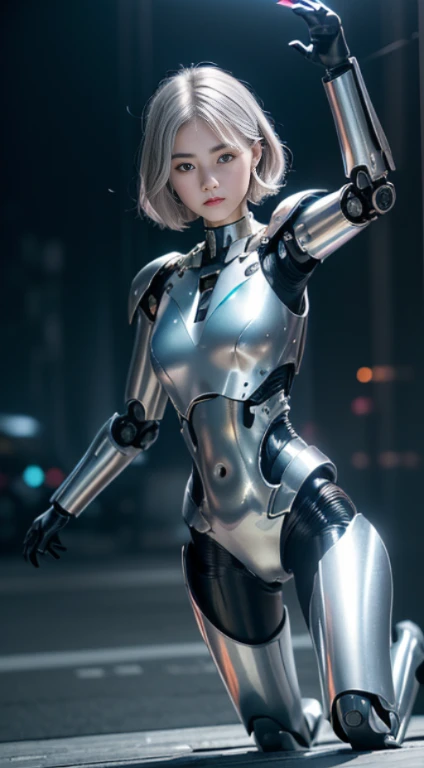 best ever、(((Full body Esbian)))、(((luster)))、(((非常にlusterのある金属製のスーツ)))、(((Very hard armor)))、Cute beauty of mecha(highest quality, Detailed details, table top, , 8K, chiaroscuro，Bust photos are super realistic, Highly detailed Canon video shooting )、((Beautiful and shining nature eyes))、beautiful navel、Human skin type、（(very photorealistic human))、(round eyes)、The detail of the iris of the pupil is amazing、(((shining eyes)))、precise fingers、Limbs without breakdowns、(((Caucasian  girl)))、((very fair pink skin))、natureに閉じた口、natureな乳輪、nature 、staring eyes、natureな体、baby face、face、feminine body、(With a round face)、small face、soft cheeks、look at the camera、Full body Esbian、、Beautiful and shining nature eyes、Human skin type、（(very photorealistic human))、(round eyes)、The detail of the iris of the pupil is amazing、Limbs without breakdowns、natureに閉じた口、natureな乳輪、nature 、staring eyes、natureな体、Slightly baby-faced、feminine 、feminine body、With a round face、small face、soft cheeks、look at the camera、Full body Esbian、balanced face、drooling eyes、(It&#39;s not the kind of eye that blinds you.)、Body with human-like proportions、(((slightly longer arms)))、(fairly long torso)、(((slightly larger hands)))、human face、(((shining silver hair)))、(((Cool Shortcut Hair)))、(((The background is the future)))、(((8 heads and bodies)))、(((light blue eyes)))、(((thin, thin silver eyebrows)))、(((thin eyebrows)))、watching this、Gentle double eyelids、(((gentle features)))、(((Background Mecha)))、blade runner、(((robocop)))、ghost in the shell、(((night background)))、(((Make-up is light)))、(((Hollywood science fiction movie quality)))、(neon light)、(((Tokyo in 6000 AD)))、(((teal and orange)))、Height: 165cm、Leg length 82 cm、Head length is 21cm、Low heel shoes