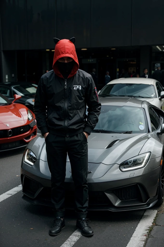 1 man wearing a hacker mask Standing with supercars Be a trader