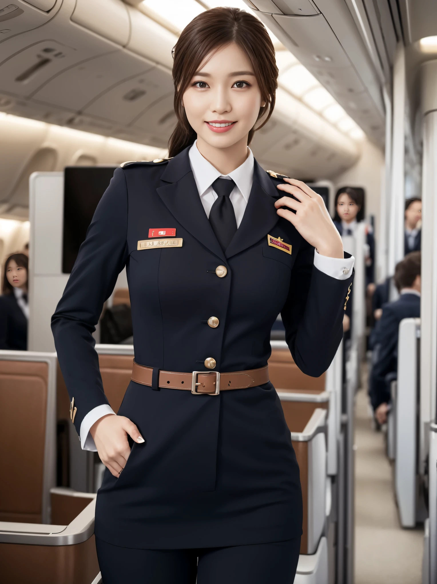 1 female, 40 years、very detailed顔、lip details、detailed eye、double eyelid、(black bob hair、Like an airplane stewardess々I wish you the best)、(stewardess uniform:1.2)、(glamorous body)、(big breasts)、smile、thighs thighs, that's right, perfect image realism, With background: (airplane business class aisle:1.2), cowboy shot, detailed background, detailed costume, perfect lighting、hyper realism、(Photoreal:1.4)、8K maximum resolution, (masterpiece), very detailed, Professional