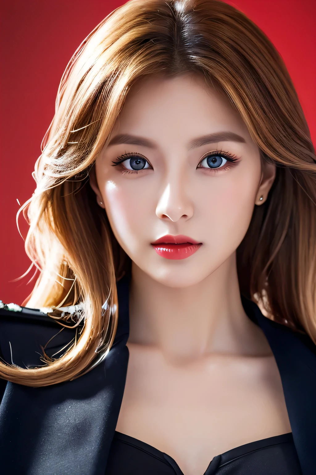 An unparalleled masterpiece, Ultra-realistic 8k CG, perfect artwork, ((perfect woman image)), mature woman, thin waist, Charm, clean, beautiful face, {very delicate and beautiful girl} , 8k wallpaper, {{{masterpiece}} }, 1 girl, blonde hair, blue eyes, tight red exy female police officer in uniform, American Drama「Charlie's Angels」、long hair,  red lips,double eyelid、I&#39;m wearing mascara、 simple background, alone,  (shiny skin),Holding a Beretta M92F handgun、