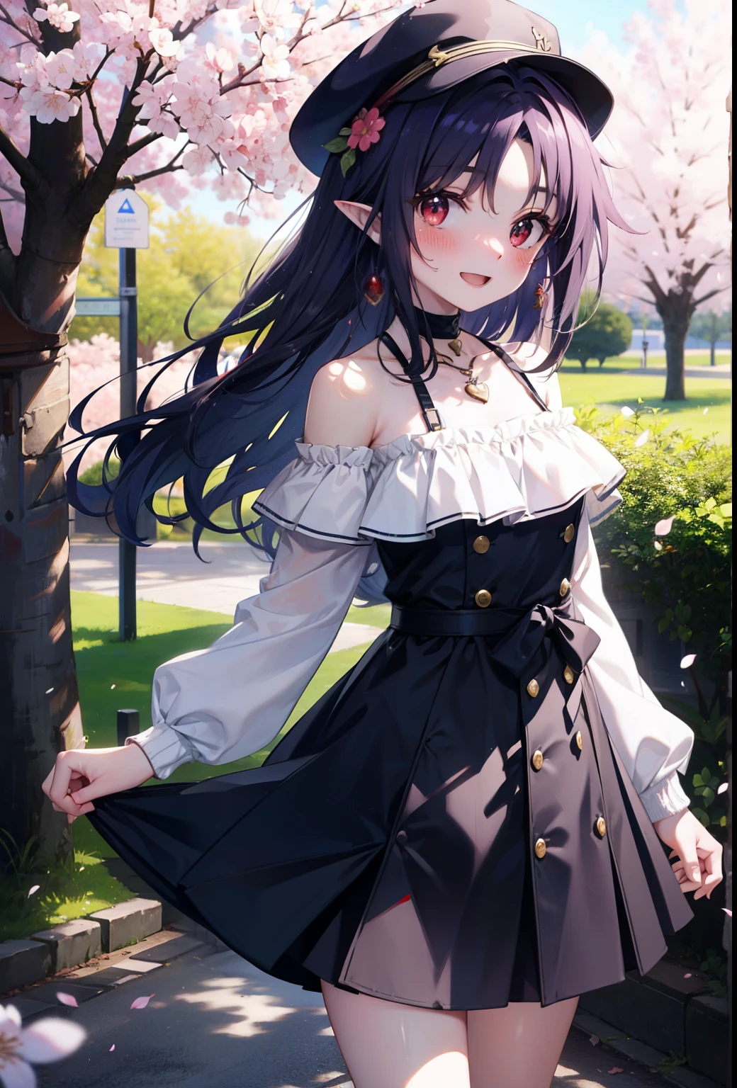 yuukikonno, yuuki konno, long hair, pointy ears, purple hair, (red eyes:1.5), (small breasts:1.2),blush, happy smile, smile, Open-mouth hunting hat,Akabuchi Glasses,White off-shoulder sweater,bare shoulders,naked neck,bare clavicle,Heart shaped pendant,Purple long skirt,white sneakers,Cherry blossoms are scattered,cherry blossoms are blooming,Cherry Blossom Tree-lined Path BREAK looking at viewer, full body,,(cowboy shot:1.5),
BREAK outdoors, garden,
BREAK (masterpiece:1.2), best quality, high resolution, unity 8k wallpaper, (illustration:0.8), (beautiful detailed eyes:1.6), extremely detailed face, perfect lighting, extremely detailed CG, (perfect hands, perfect anatomy),