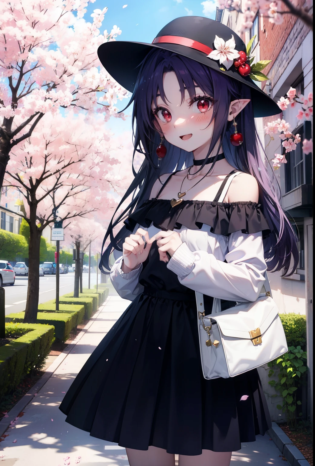 yuukikonno, yuuki konno, long hair, pointy ears, purple hair, (red eyes:1.5), (small breasts:1.2),blush, happy smile, smile, Open-mouth hunting hat,Akabuchi Glasses,White off-shoulder sweater,bare shoulders,naked neck,bare clavicle,Heart shaped pendant,Purple long skirt,white sneakers,Cherry blossoms are scattered,cherry blossoms are blooming,Cherry Blossom Tree-lined Path BREAK looking at viewer, full body,,(cowboy shot:1.5),
BREAK outdoors, garden,
BREAK (masterpiece:1.2), best quality, high resolution, unity 8k wallpaper, (illustration:0.8), (beautiful detailed eyes:1.6), extremely detailed face, perfect lighting, extremely detailed CG, (perfect hands, perfect anatomy),